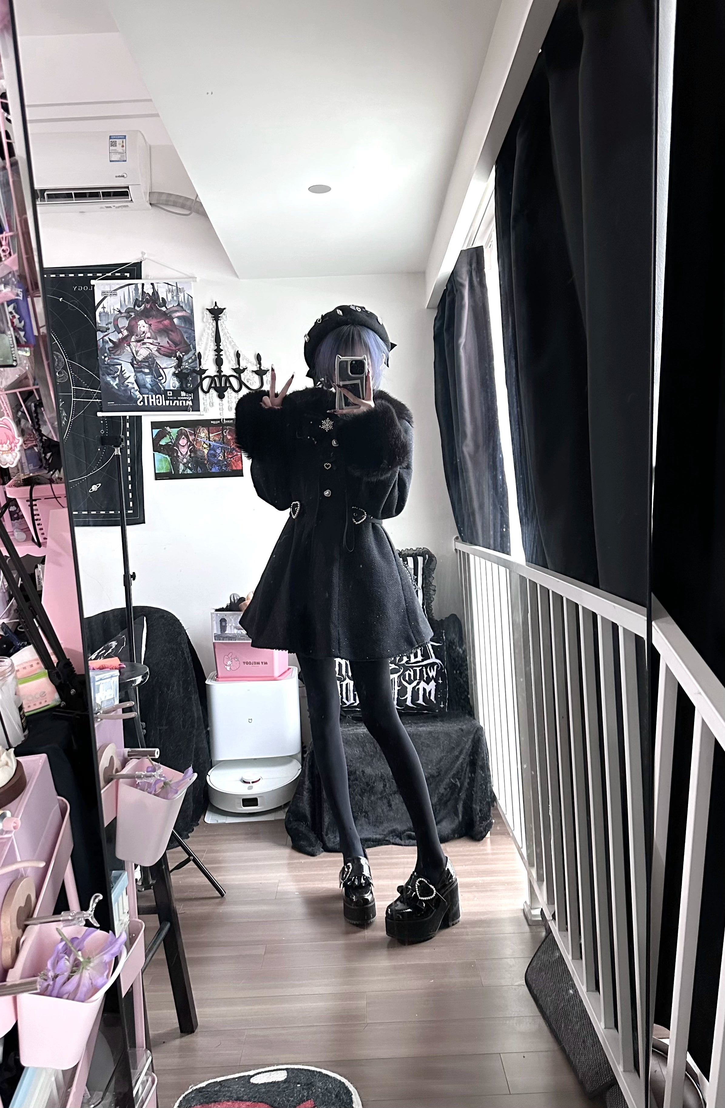 Ryousangata winter coat styled for edgy Jirai Kei fusion with platform boots mesh top bold accessories rebellious street fashion energy
