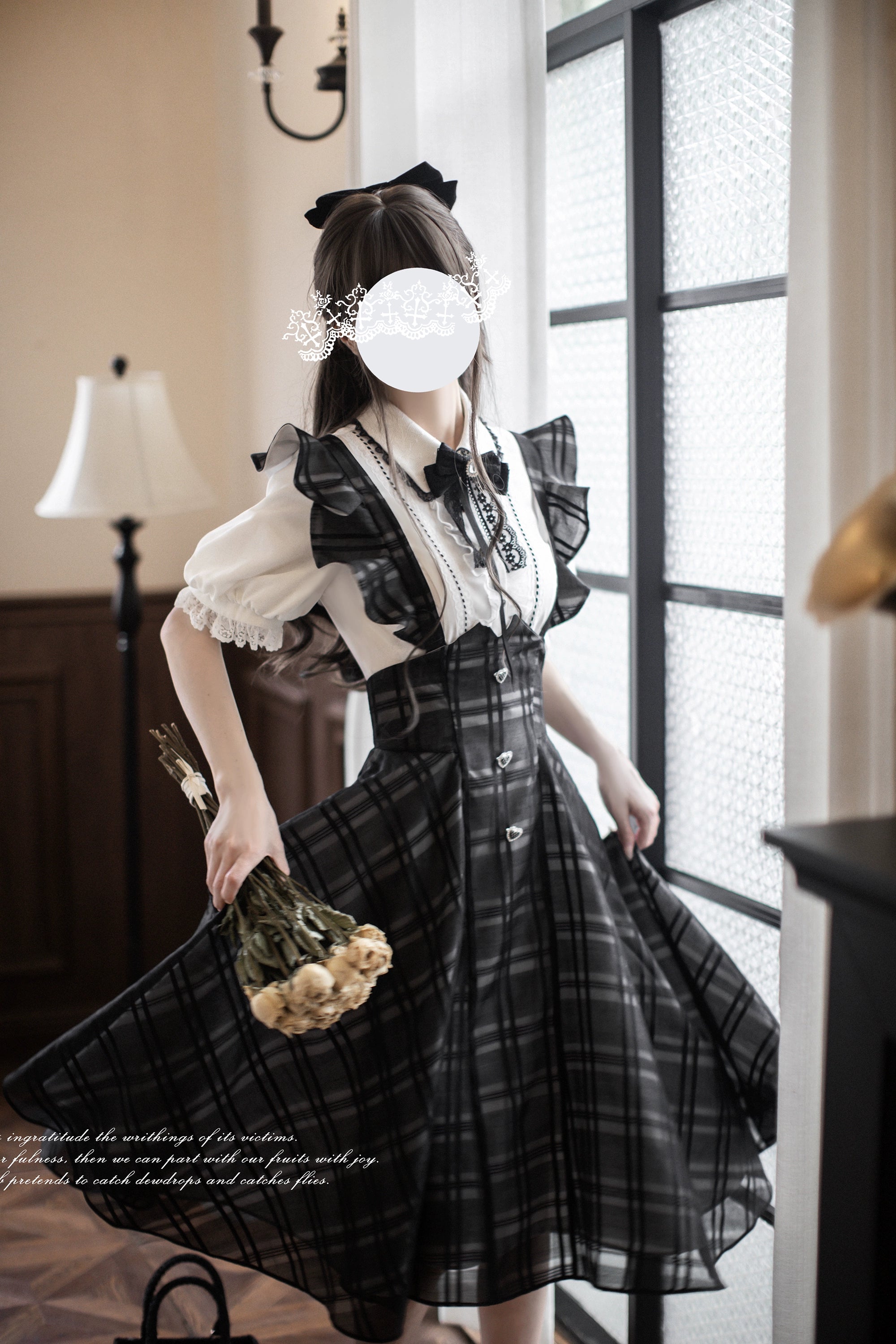 Black Plaid Jirai Kei Suspender Skirt, White Blouse - Image 3