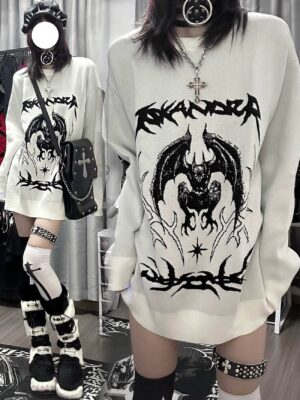 White bat embroidered gothic knit sweater back and front full-body view worn by goth model with cross necklace in bedroom setting