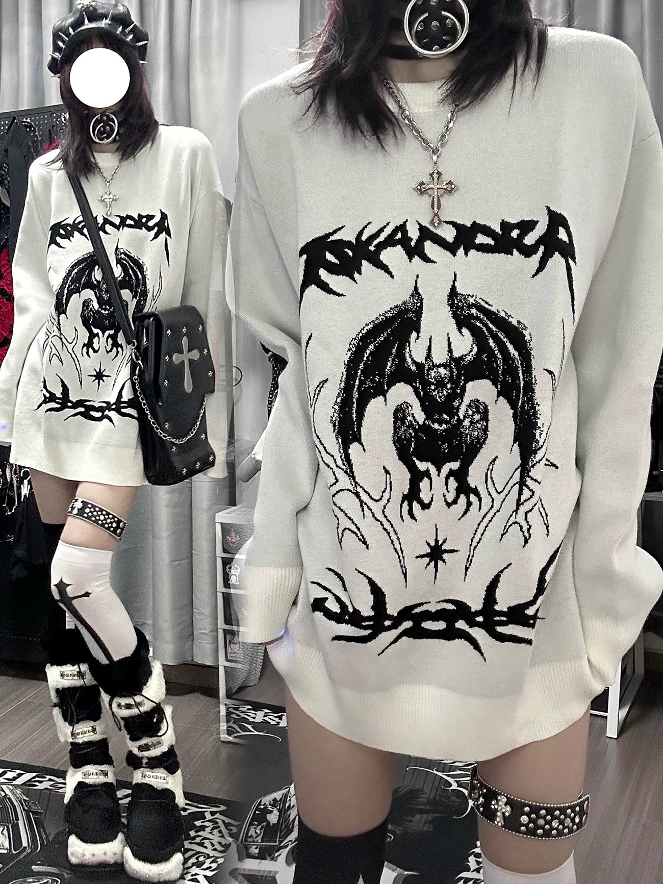 White bat embroidered gothic knit sweater back and front full-body view worn by goth model with cross necklace in bedroom setting
