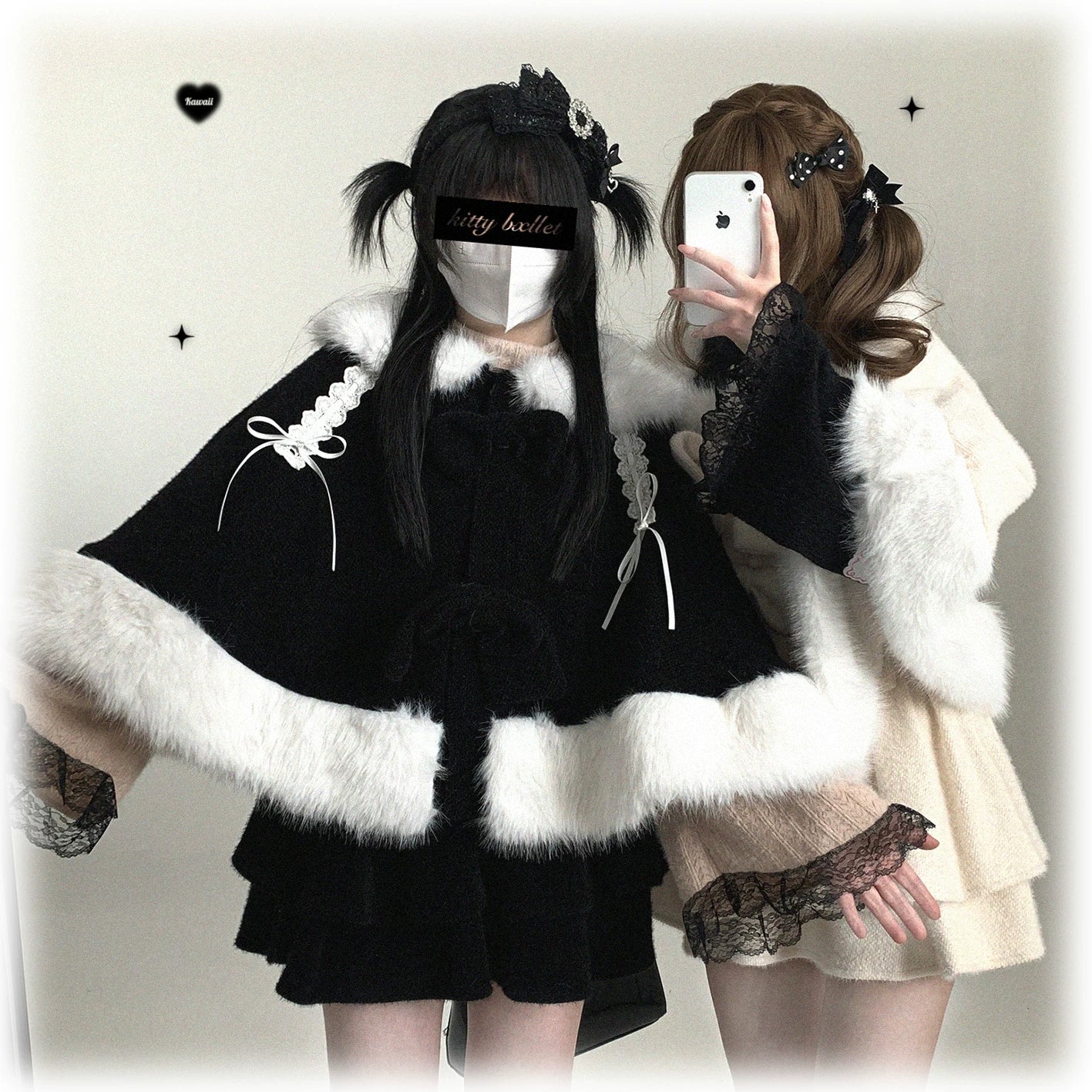 Black and white Jirai Kei bunny ear winter cape high contrast styling with dramatic makeup and bold alternative fashion