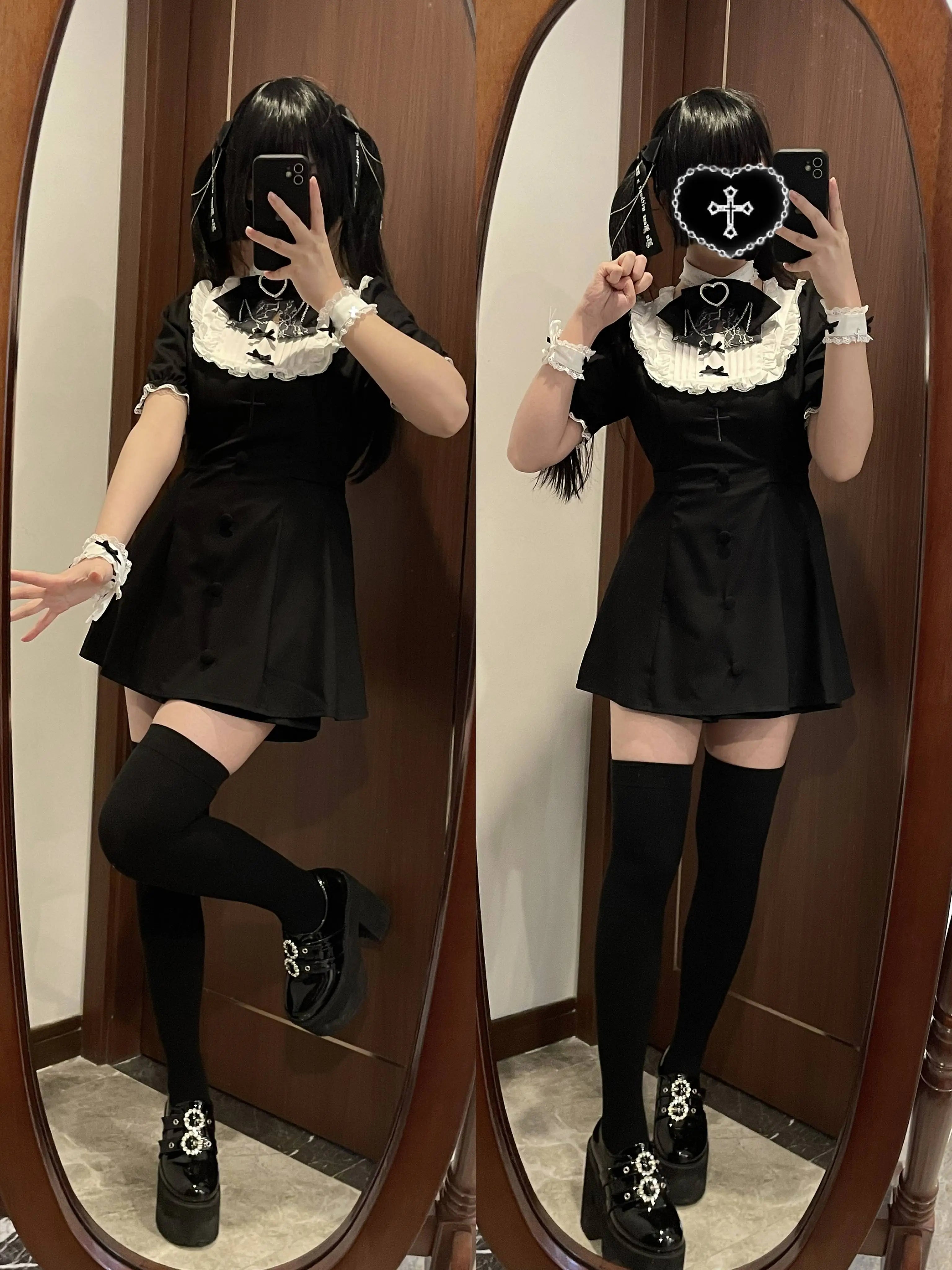 Jirai Kei dress shorts set square neckline with short sleeves elastic lace trim ruffled chest detail close-up