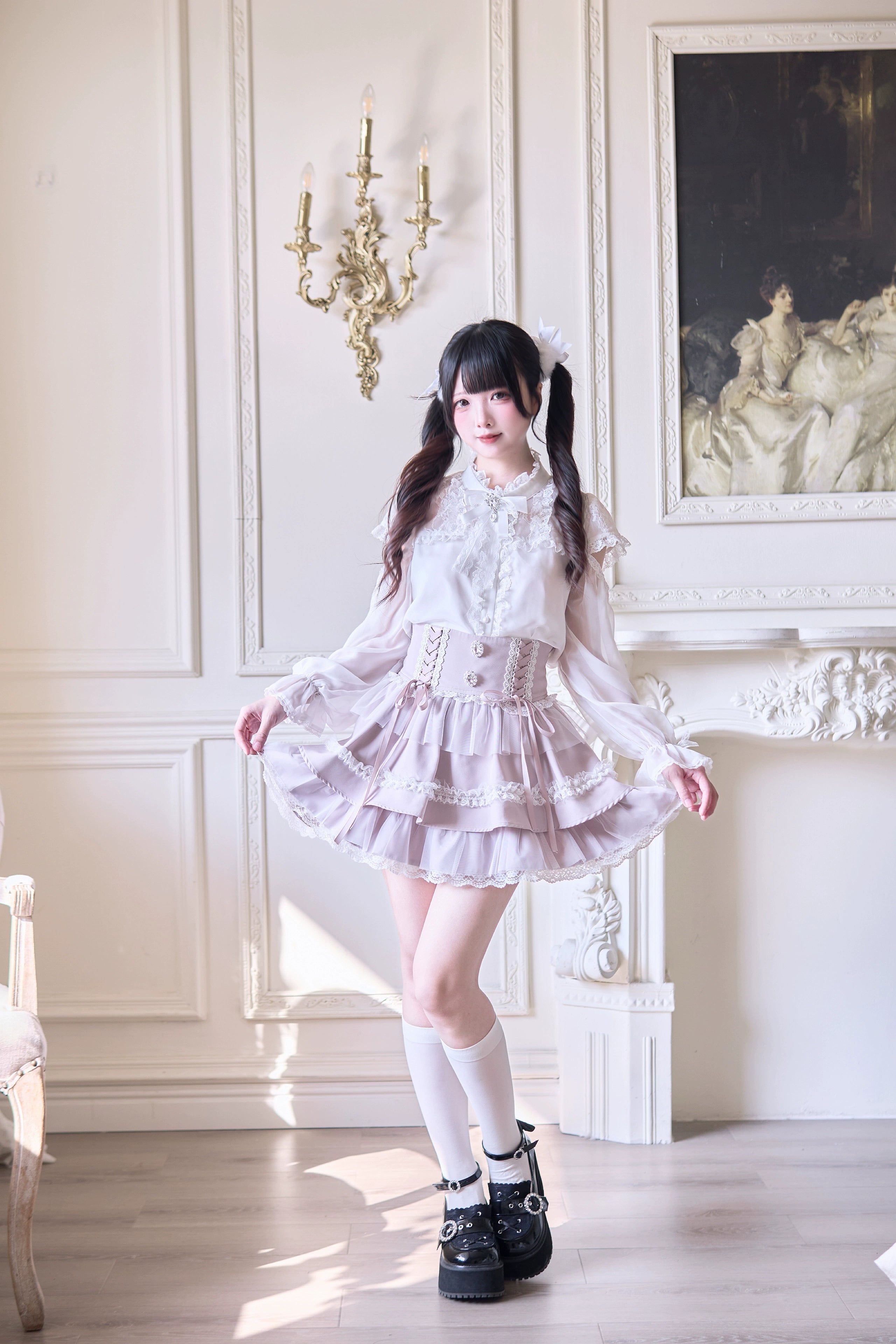 Dynamic full-body shot of layered ruffle Jirai Kei skirt in light purple showcasing movement and ethereal aesthetic