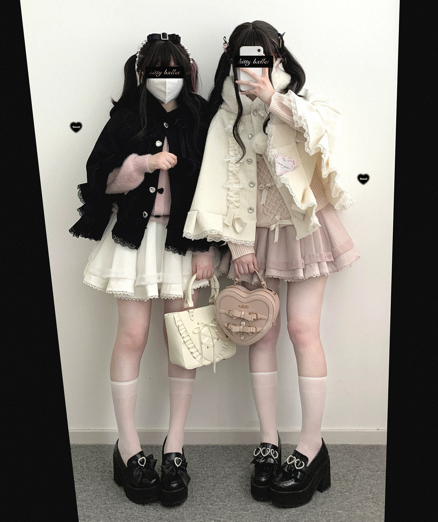 White and light pink double-layered tulle mini Jirai Kei skirts with ruffled hem shown in front mirror selfie by two girls in black cream outerwear with platform loafers and matching bags