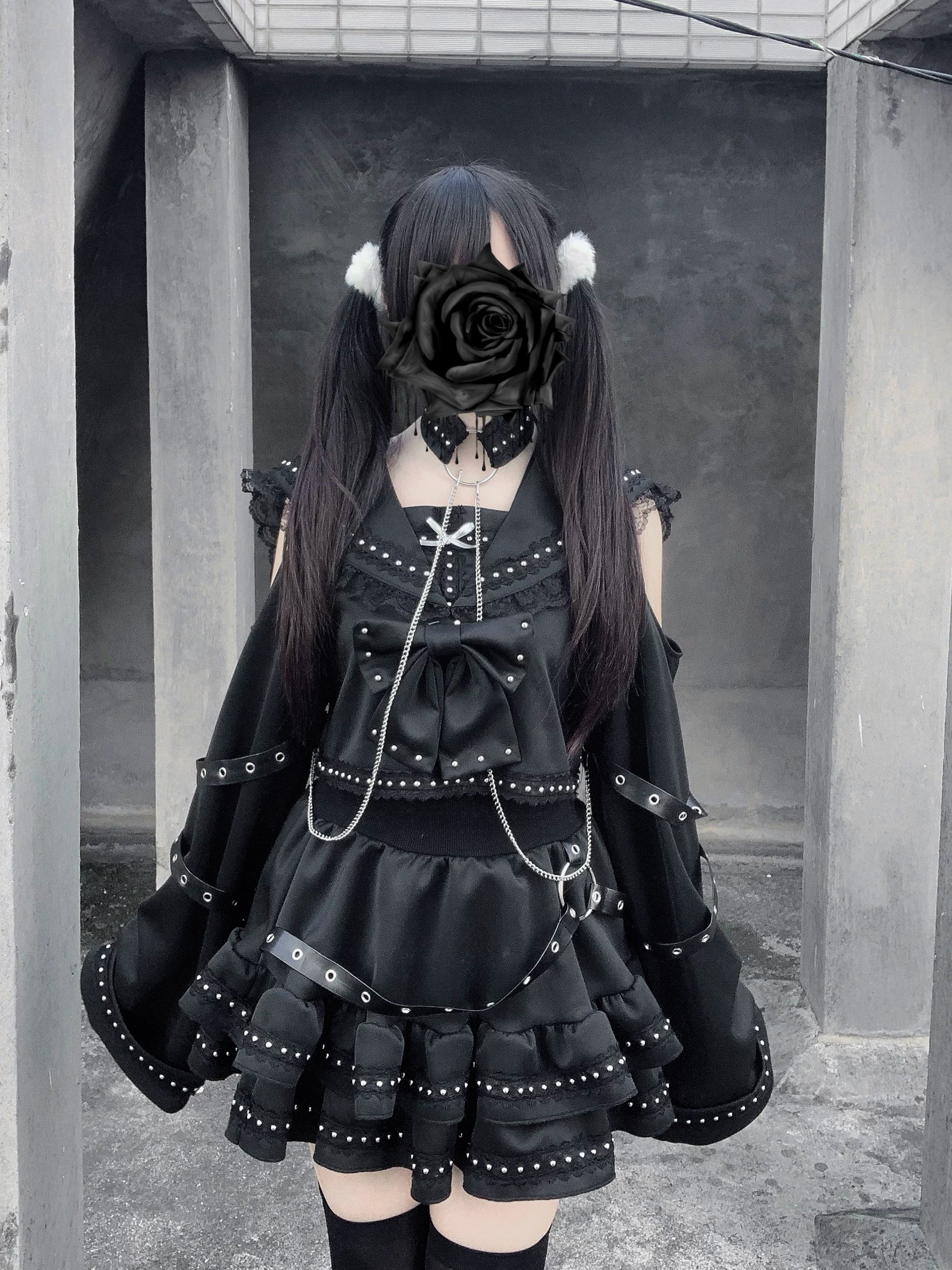 Styling inspiration and care instructions for Jirai Kei black gothic sailor set including maintenance tips for polyester and PU fabrics