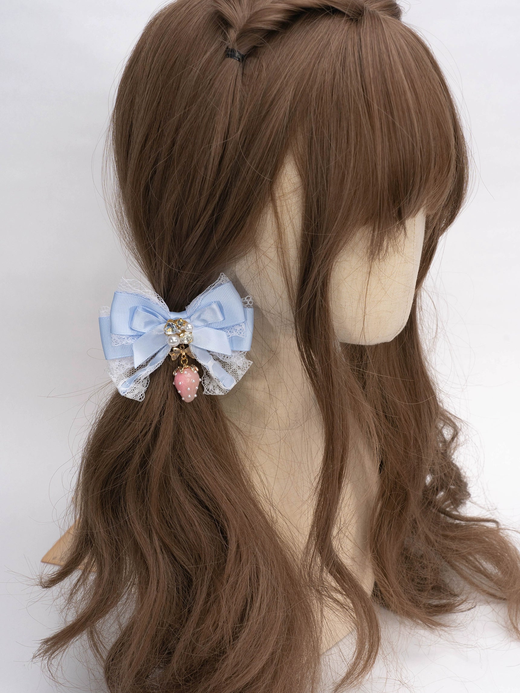 Blue strawberry Jirai Kei hairpin with lace trim and rhinestone accent individual charm piece