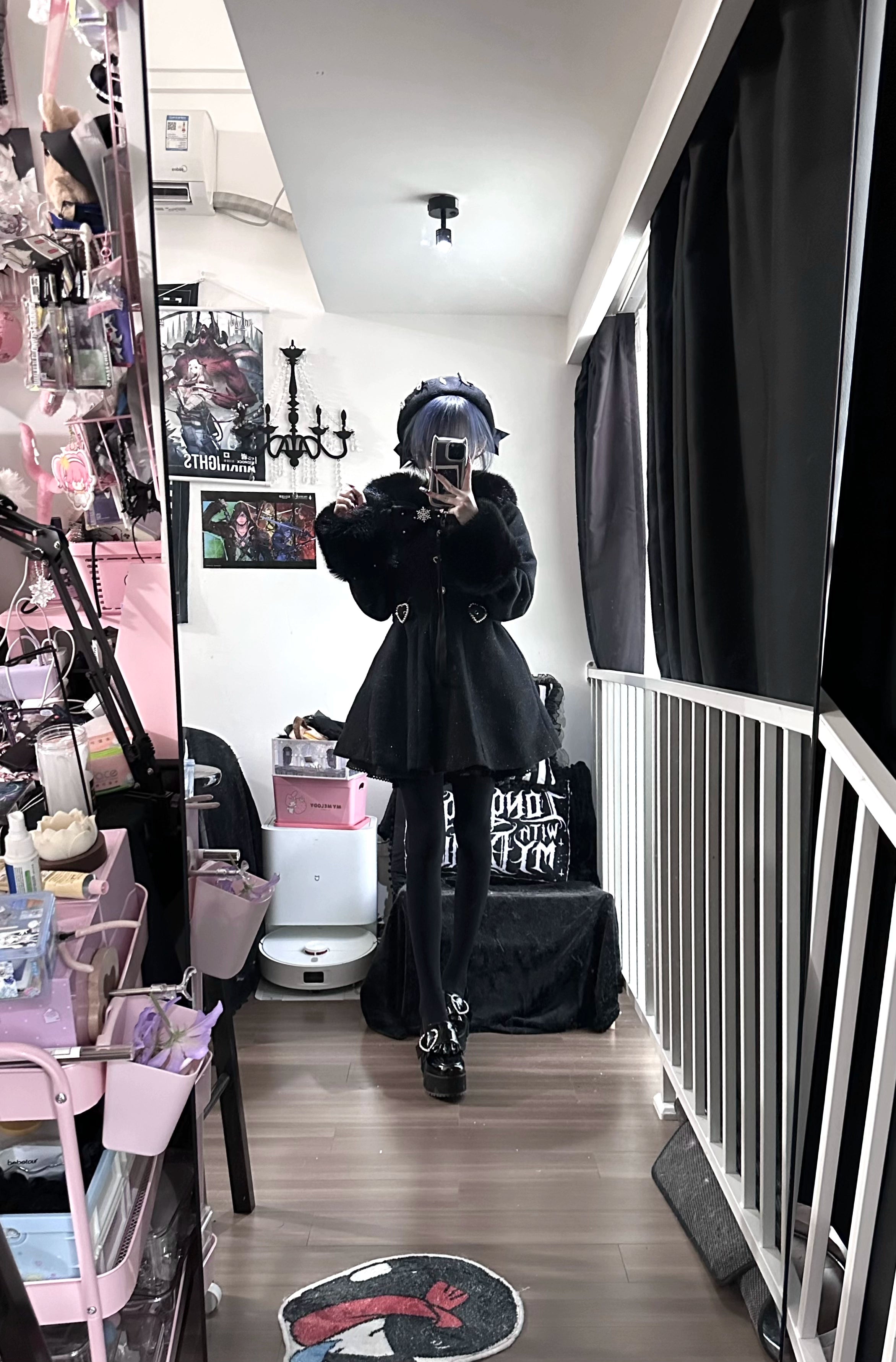 Ryousangata winter coat styled for sweet Jirai Kei aesthetic with pleated skirt white stockings Mary Jane shoes coordinated outfit