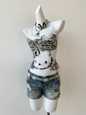Y2K Jirai Kei leopard cami top styled with denim shorts and accessories full body outfit inspiration