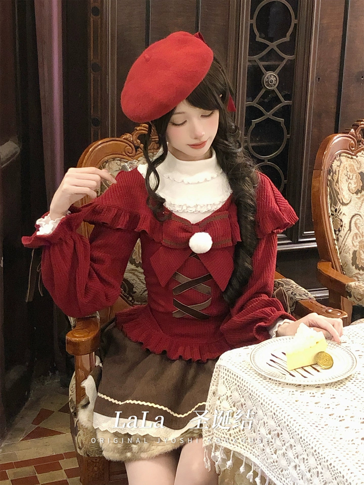 Side three-quarter angle of christmas jirai kei outfit featuring long puff sleeves, white turtleneck innerwear with ruffles, and coordinated brown skirt with red beret