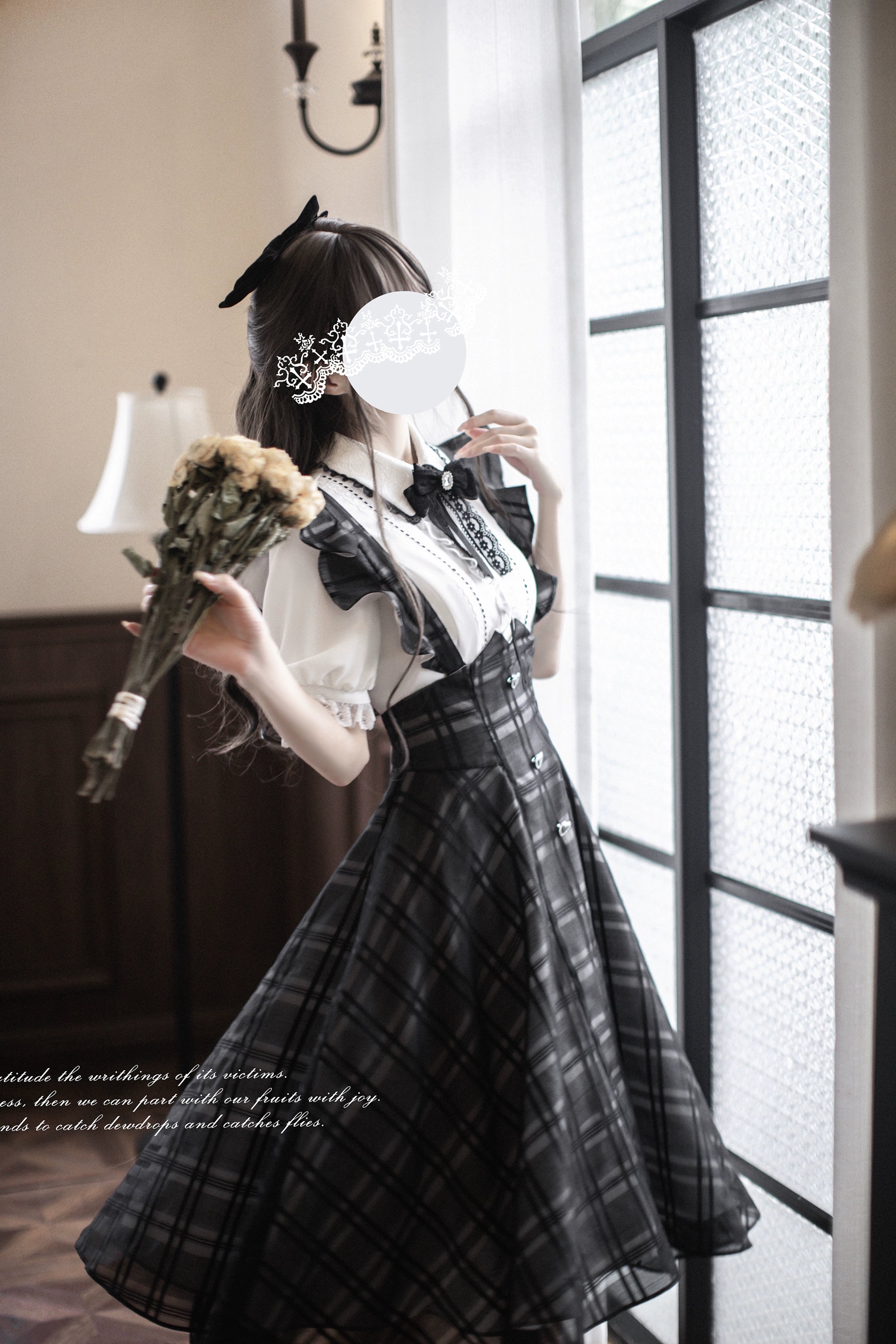 Black Plaid Jirai Kei Suspender Skirt, White Blouse - Image 7