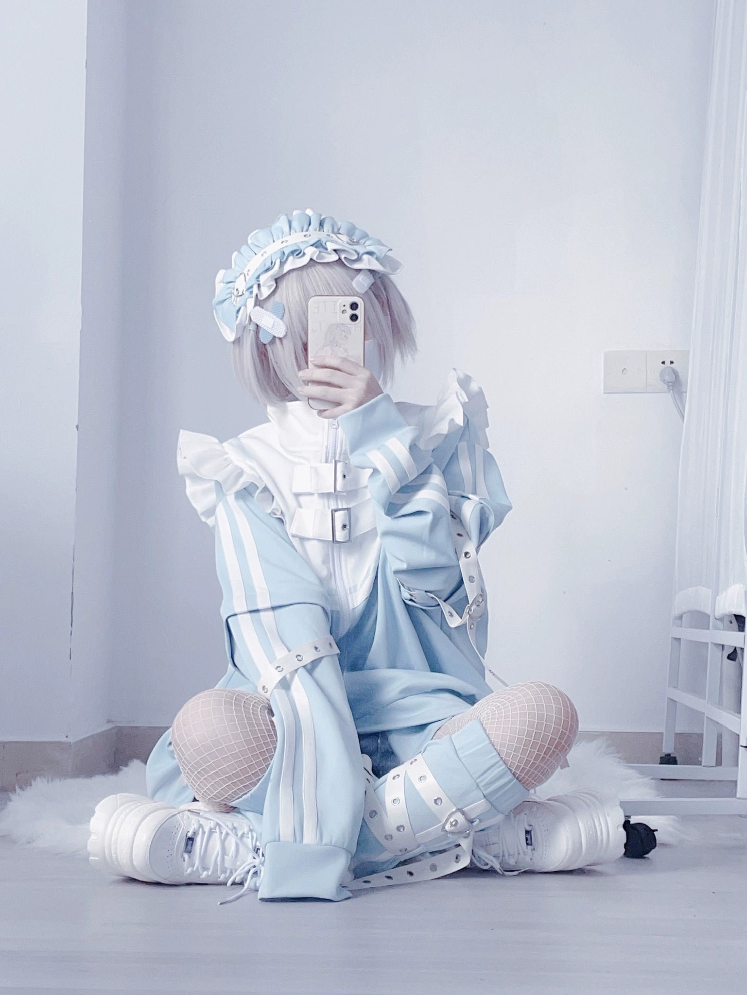 Blue white Y2K oversized jacket front buckles ruffled collar loose silhouette seated mirror selfie model with frilly hairband