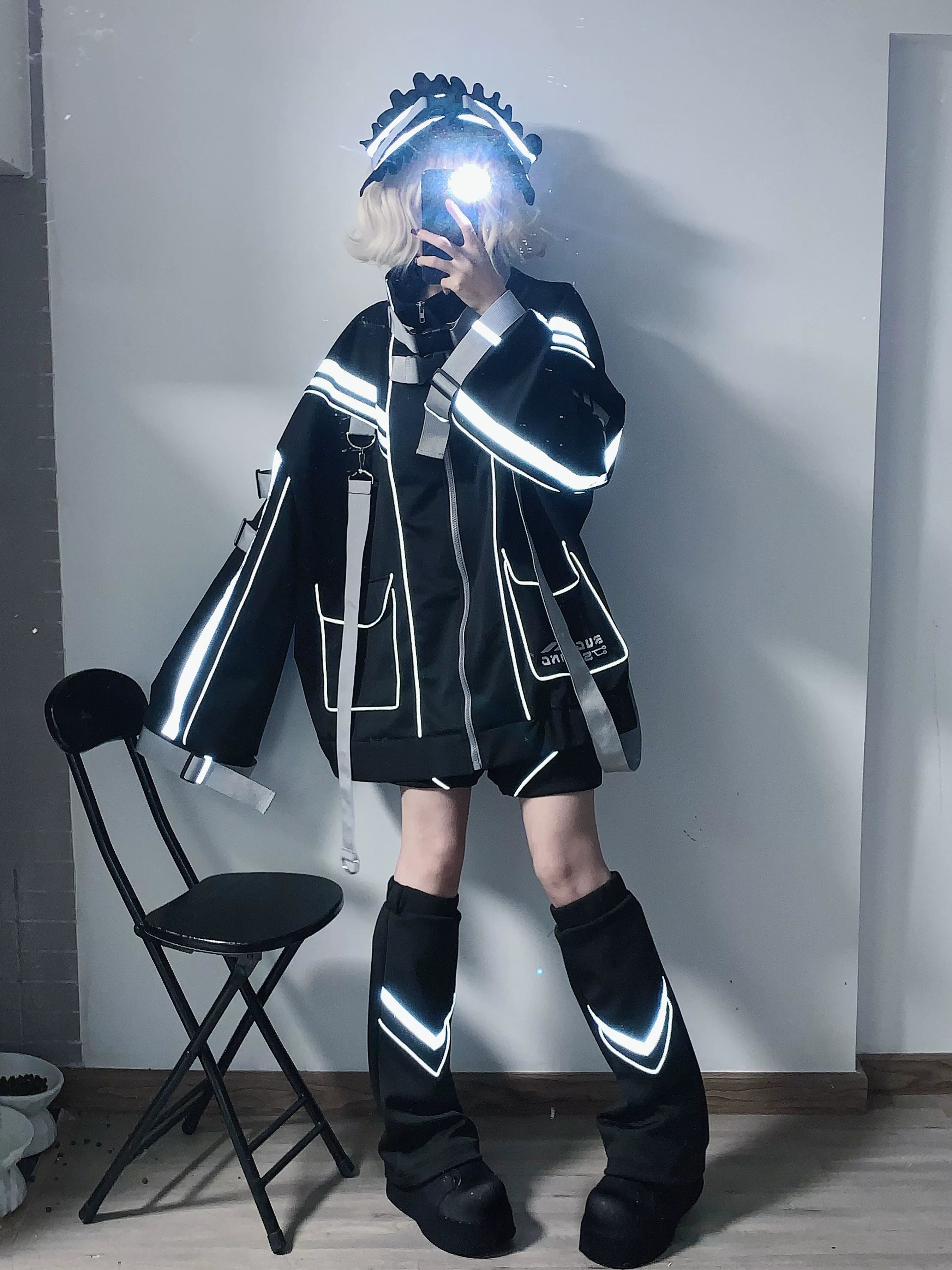 Two matching white Jirai Kei oversized punk jacket sets couple coordination mirror view reflective cargo pocket design