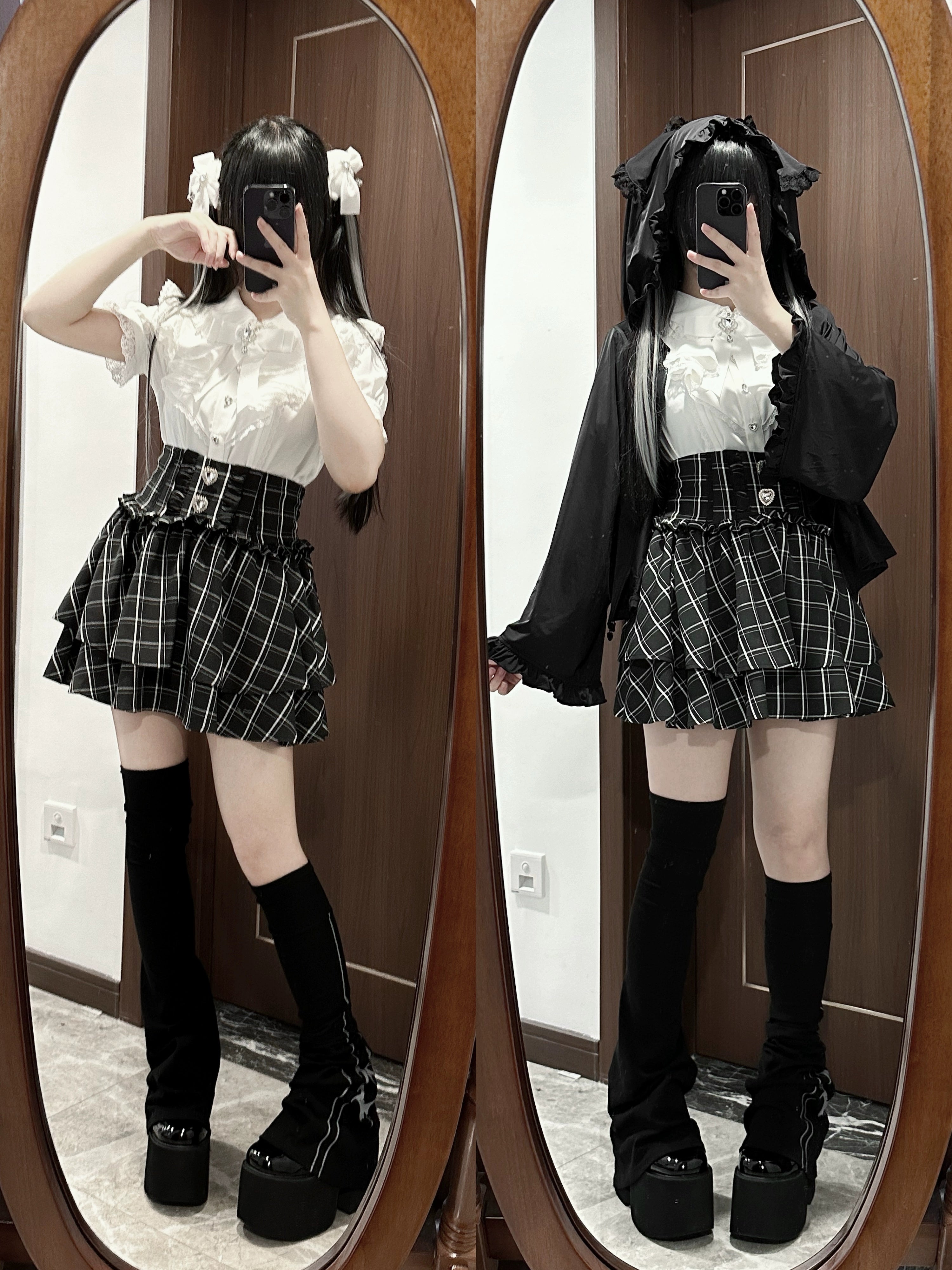 Black cat ear hoodie jacket Jirai Kei styling with thigh-high socks and platform boots, front and side mirror selfies showing complete coordinate