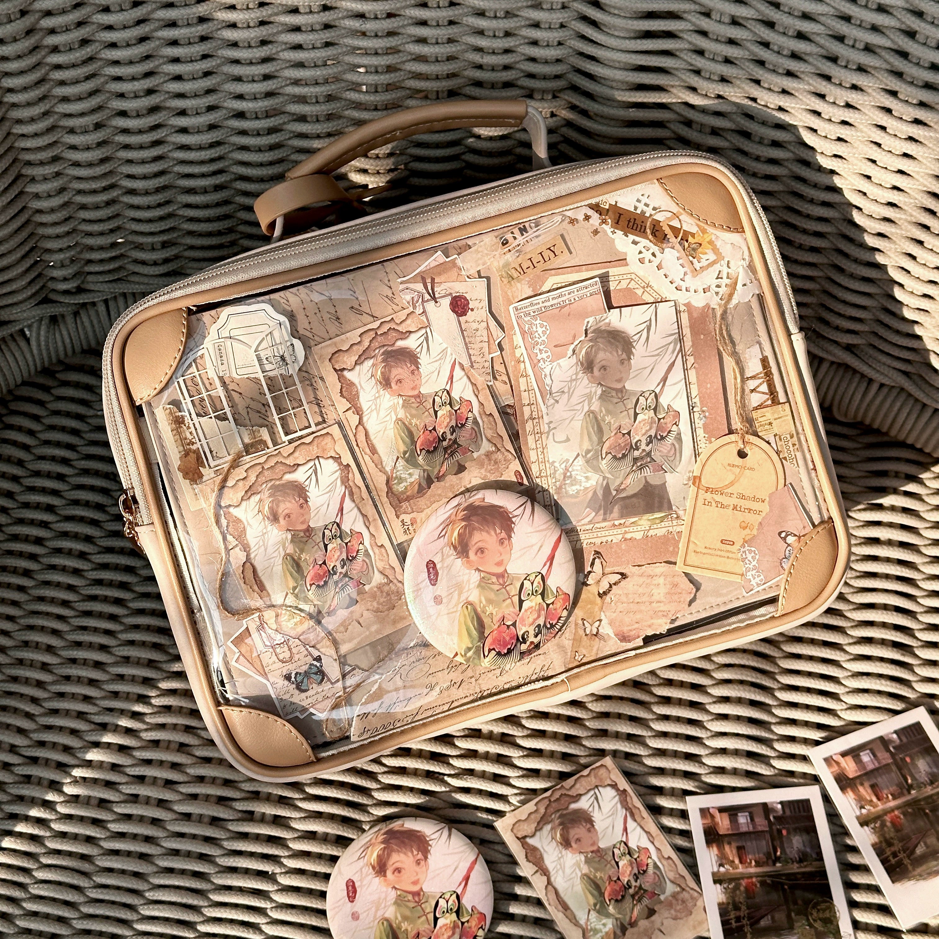 Vintage themed jirai kei itabag top-down flat lay rattan chair transparent front full anime character collage beige leather frame