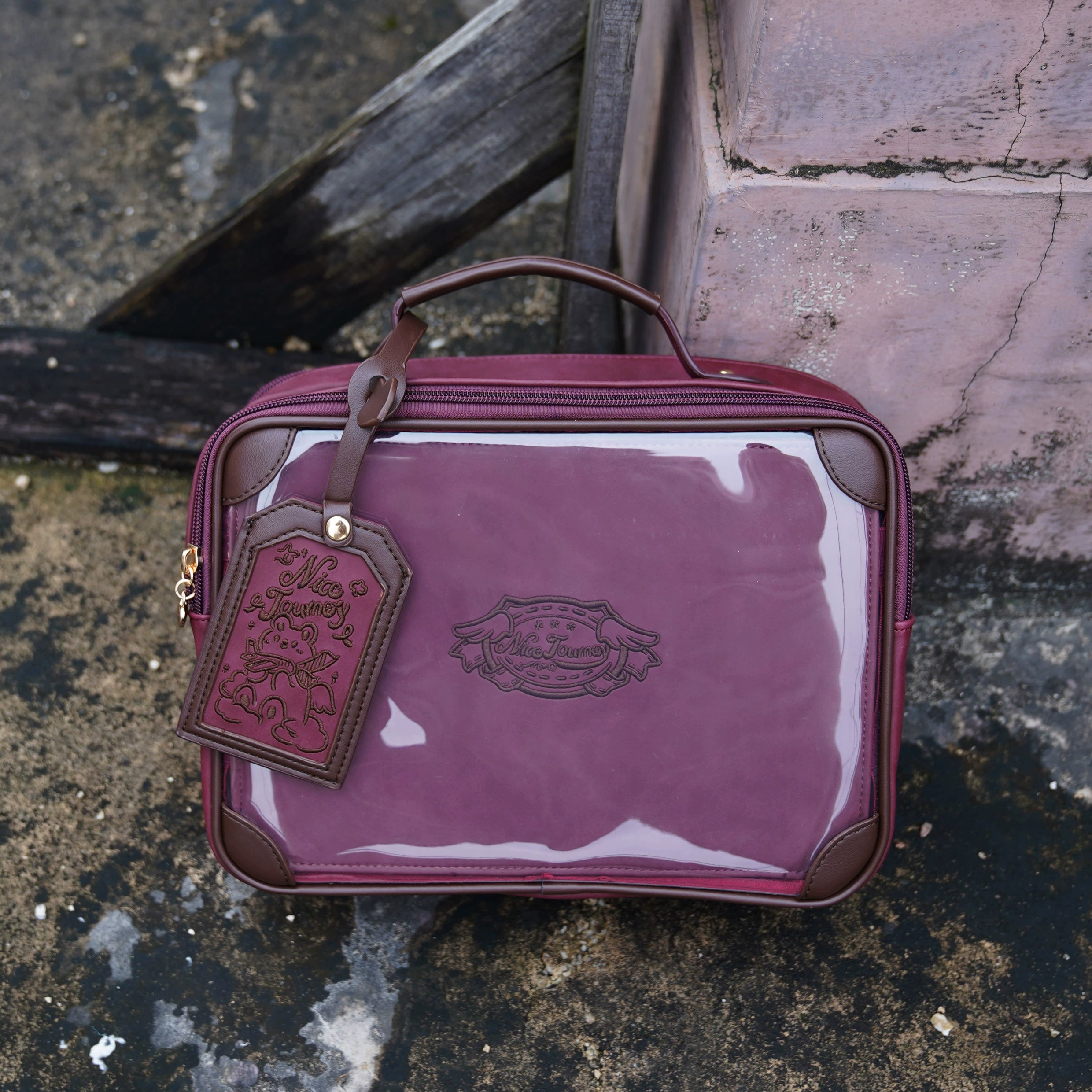 Wine red jirai kei vintage itabag color variant full product view transparent display dark burgundy leather straps crossbody carry