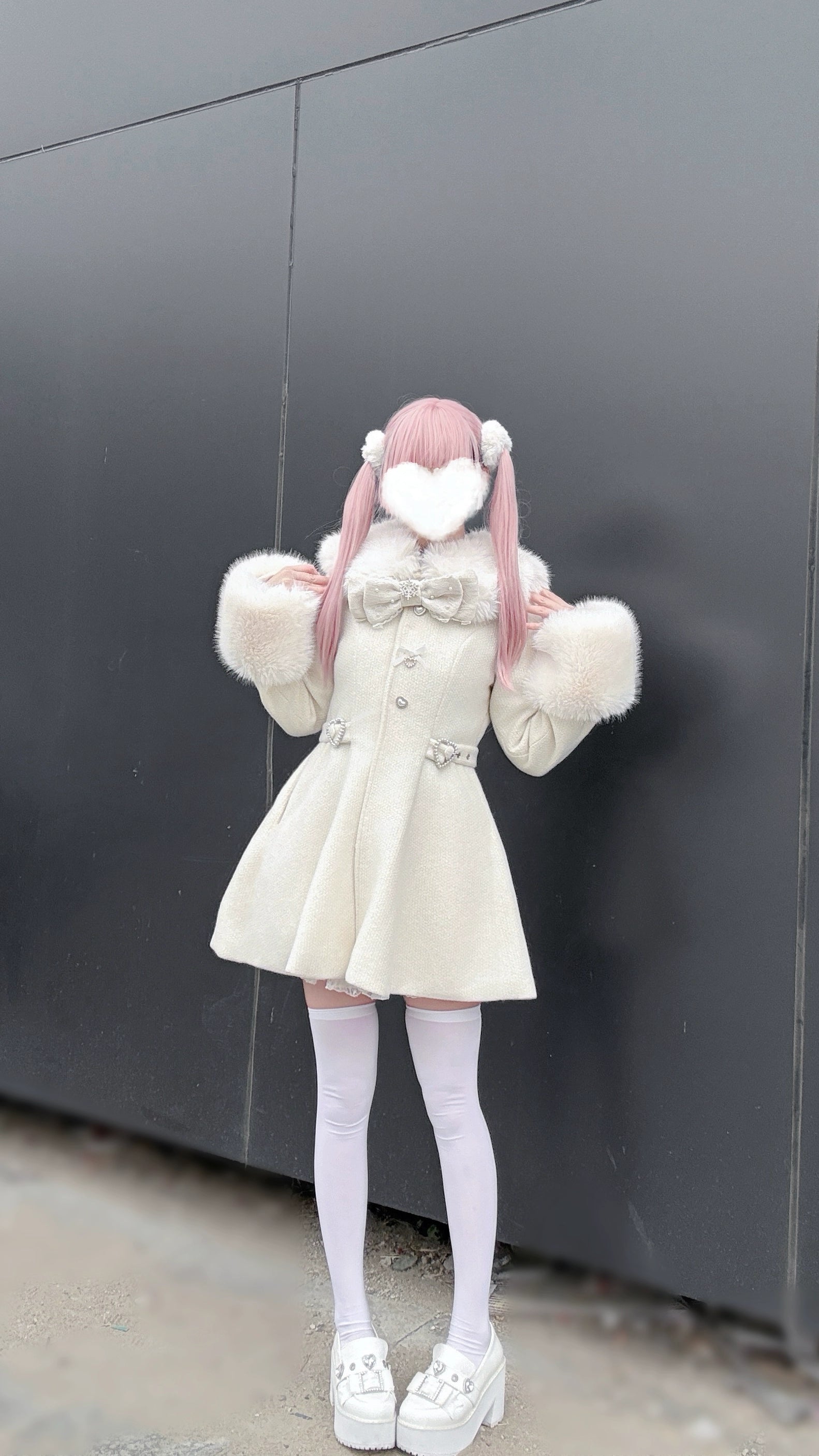 Beige Ryousangata tweed winter coat close-up front view showing removable faux fur cuff details white stockings shoes modeled on pink twin-tail figure