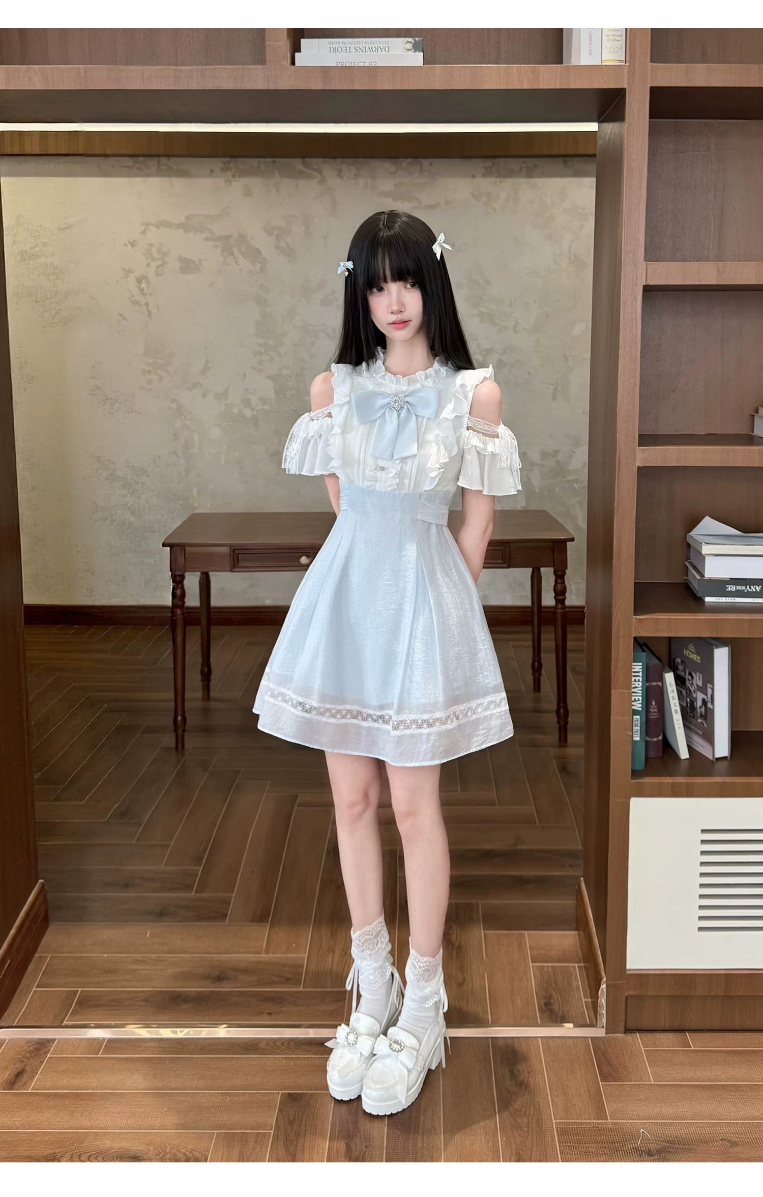 Seiso Kei cold-shoulder dress color block transition from white bodice to light blue skirt