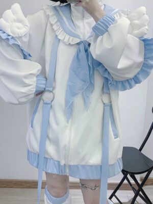 Close-up front view Tenshi Kaiwai sailor jacket puffy ruffled sleeves blue ribbon celestial design details craftsmanship