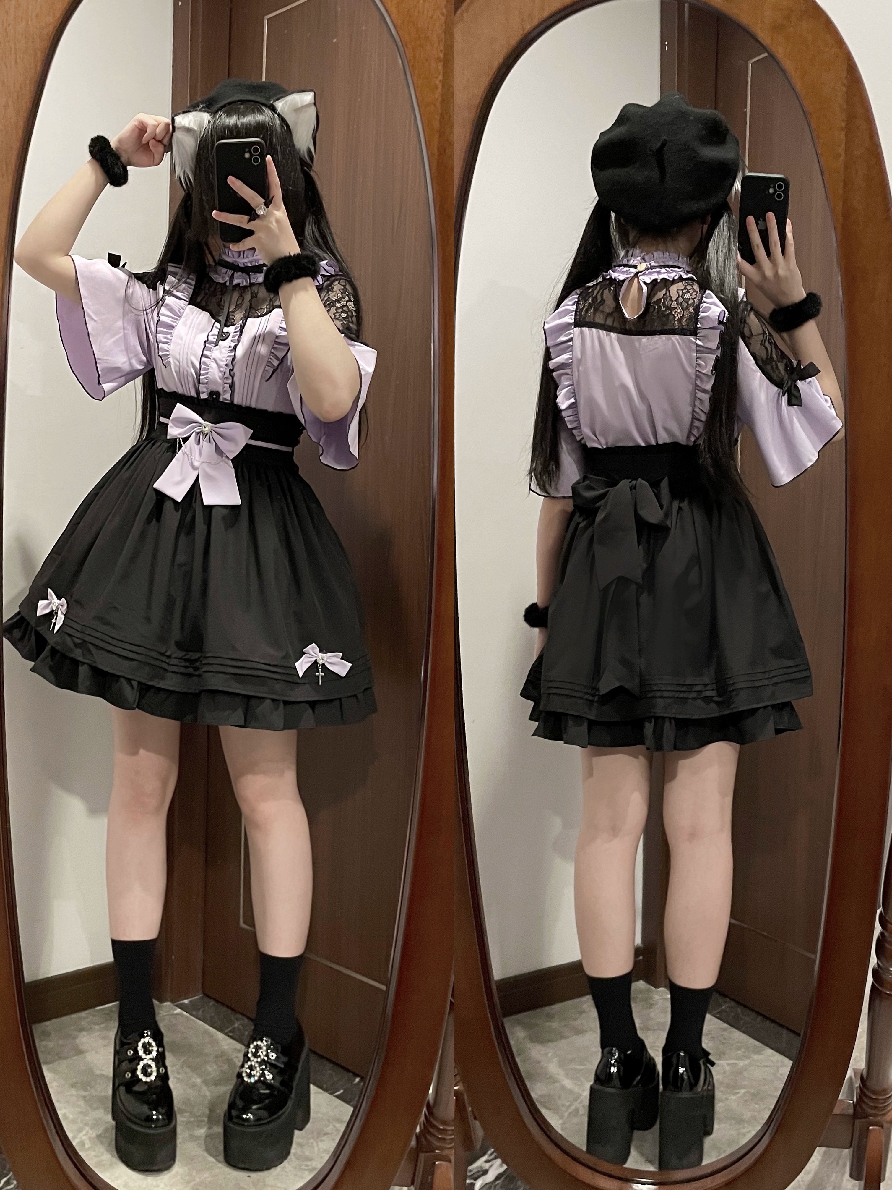 Dual front and back mirror selfie showing light purple ruffled lace-shoulder blouse with black high-waist skirt featuring bow details, worn with black beret accessory