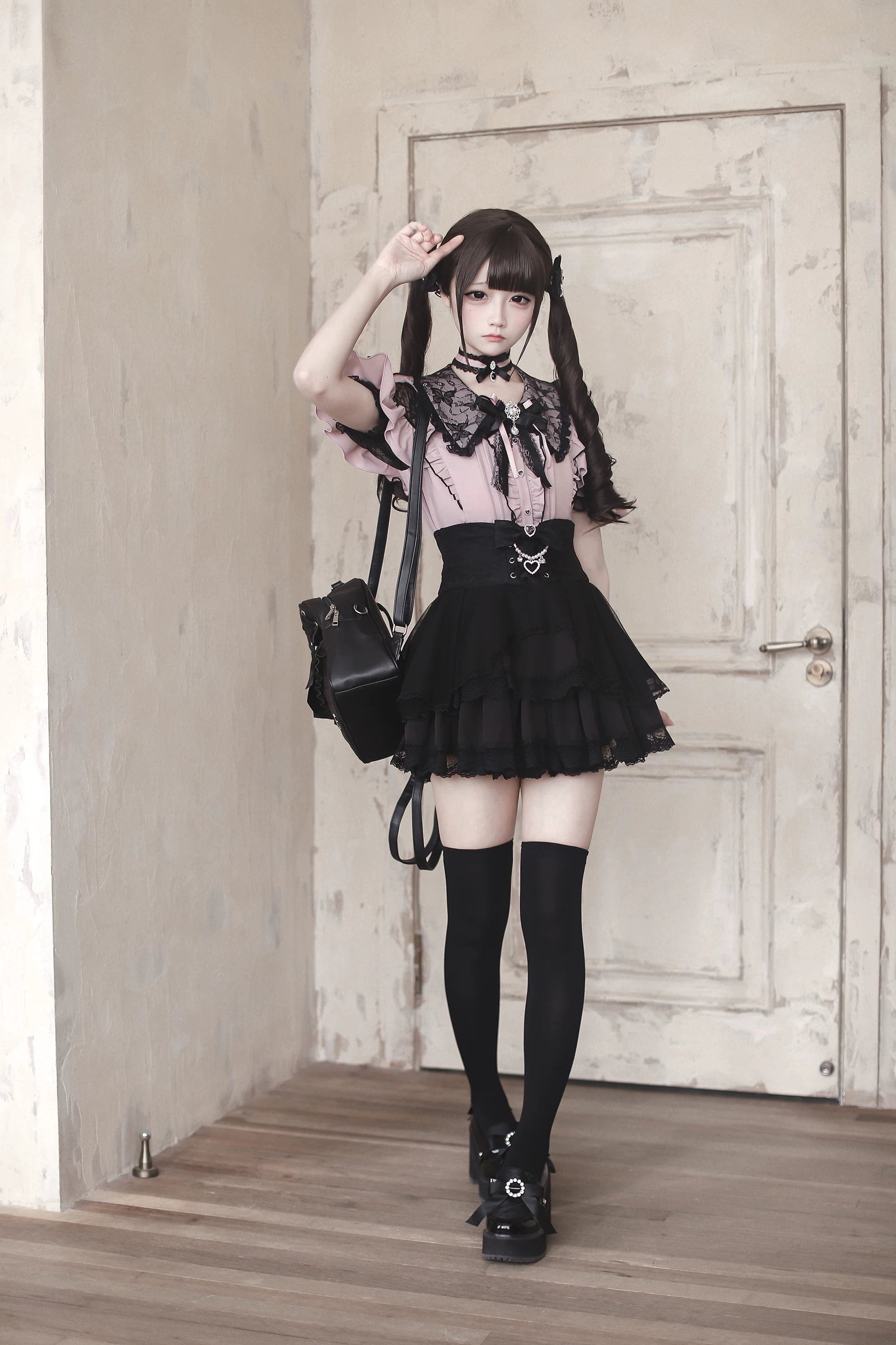 Pink and black Jirai Kei blouse with high-waisted black skirt and black thigh highs full outfit
