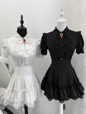 White tiered ruffle high-waist Jirai Kei skirt with scalloped lace trim front view on mannequin studio display
