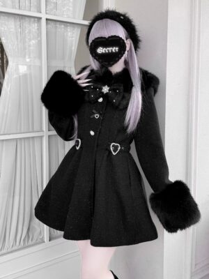 Black Ryousangata Jirai Kei winter coat with removable faux fur trim and bow brooch three-quarter angle modeled on light purple-haired figure