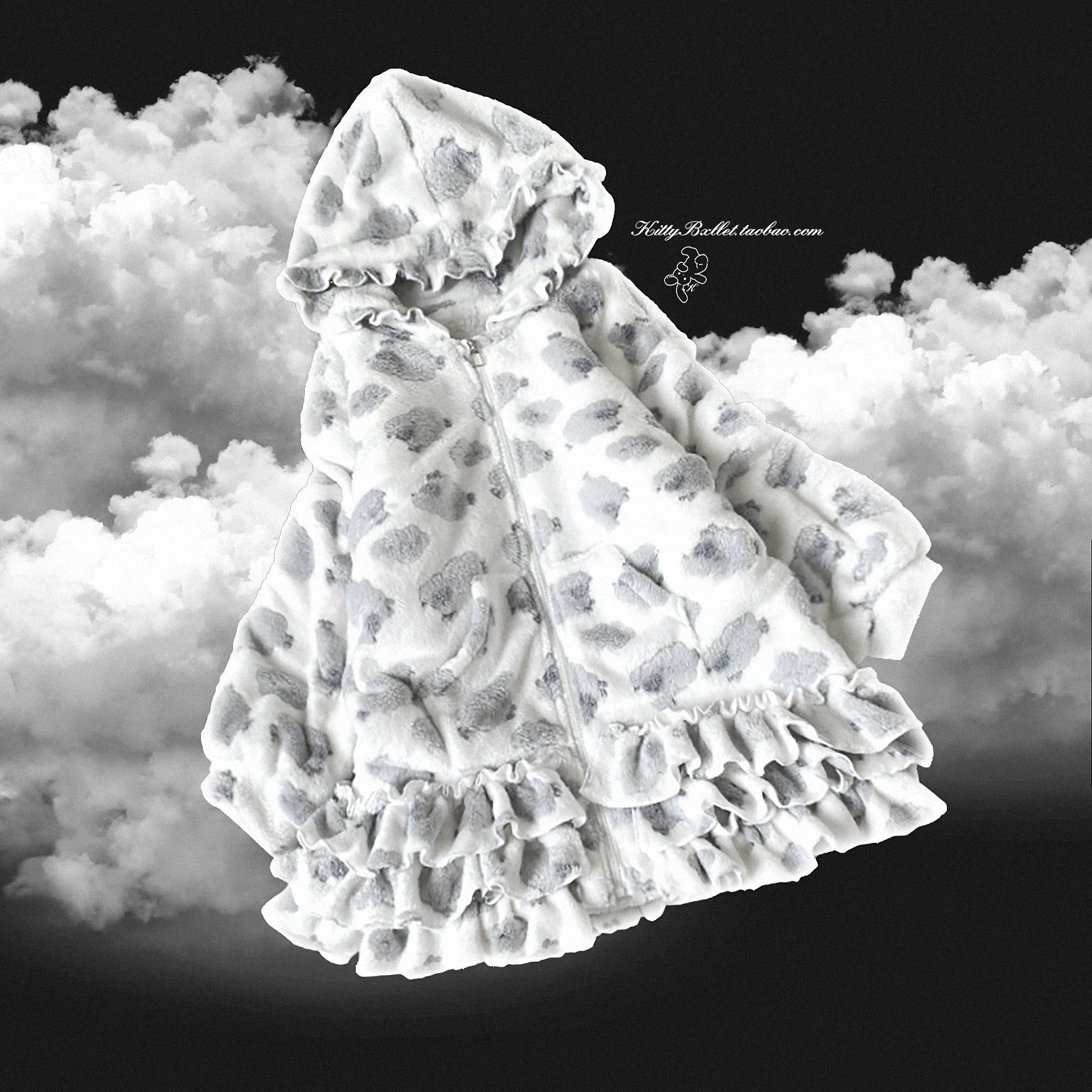 Jirai Kei heart print fleece winter coat flat lay display hooded design ruffled skirt hem cloud background product showcase