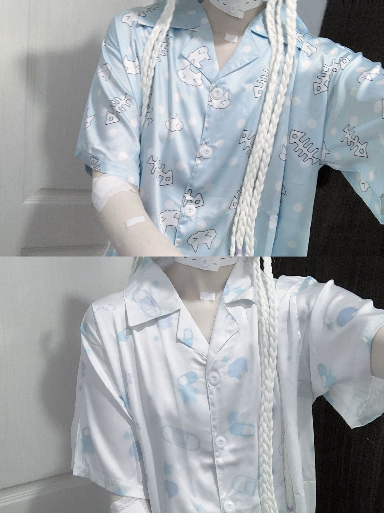 Blue fishbone print Tenshi Kaiwai pajama set short sleeves with shorts, model demonstration of comfortable fit and aesthetic appeal for kawaii sleepwear