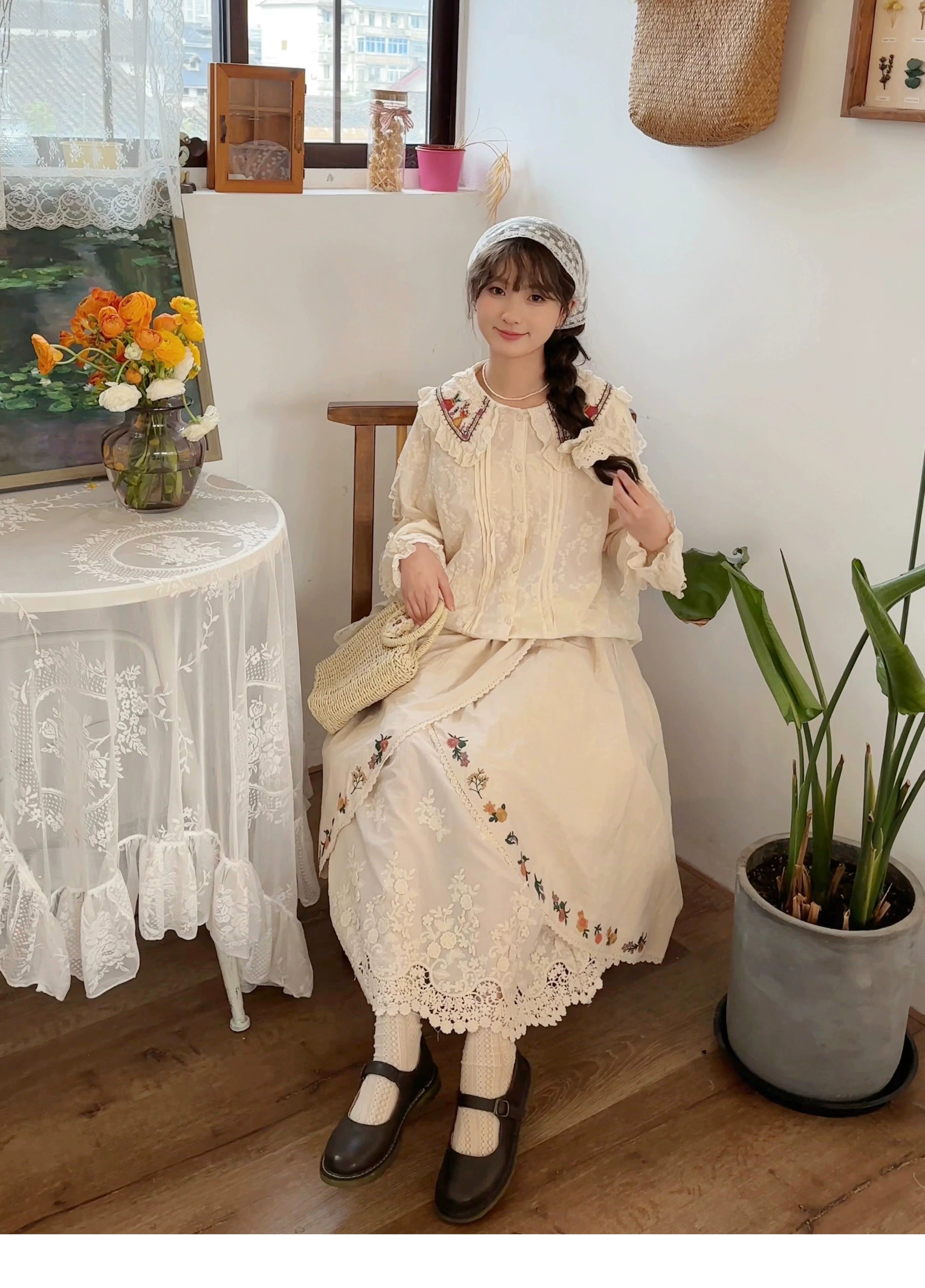 Mori kei embroidered skirt grey-blue color natural linen fabric texture and hand-embroidery detail