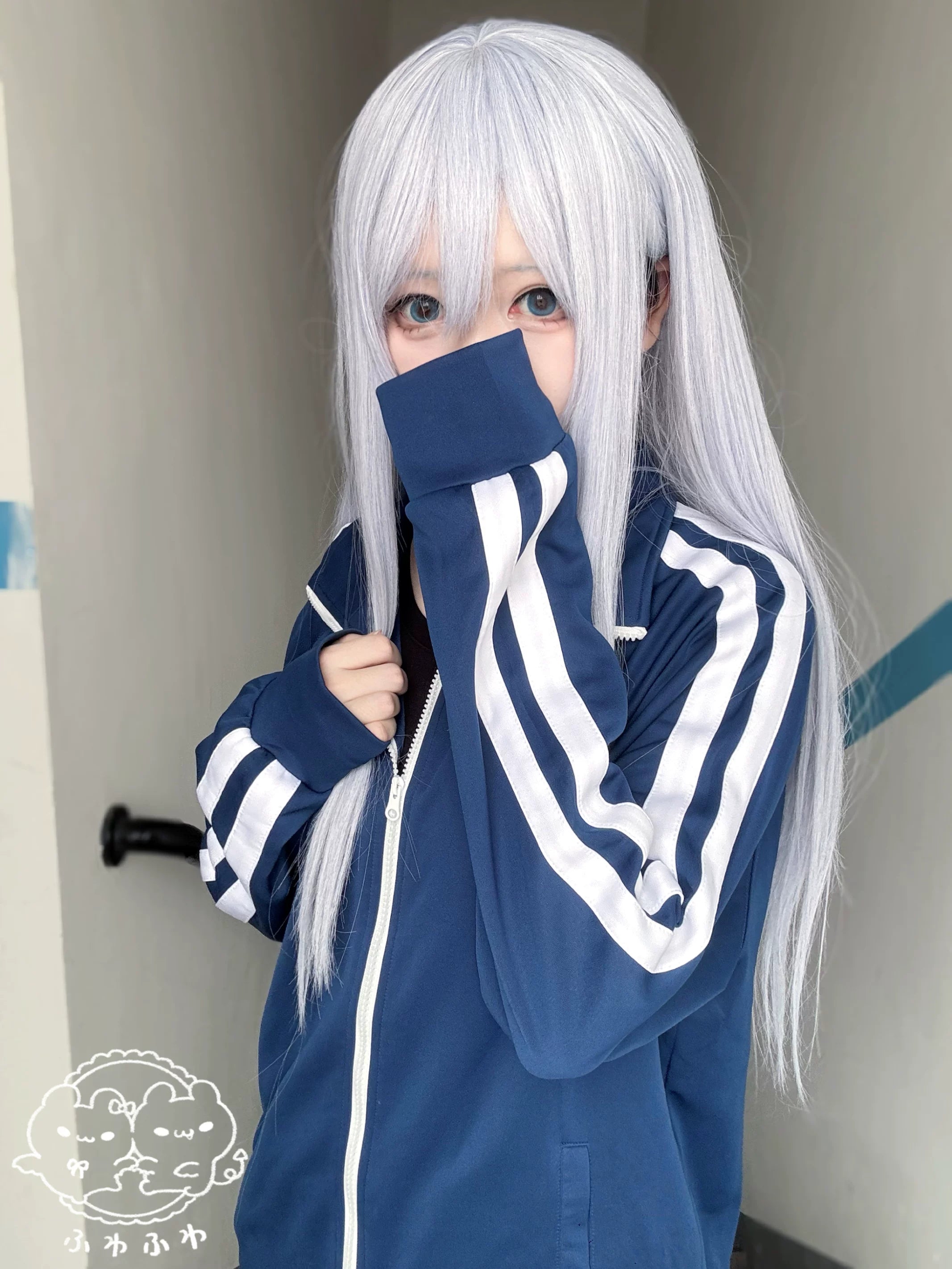 Navy Jirai Kei sports jacket featuring white sleeve stripe details and relaxed casual fit, worn by silver long-haired model, half-face selfie perspective, authentic subculture aesthetic