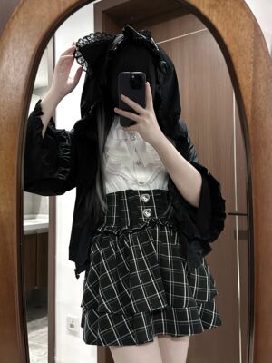 Black cat ear hooded zip jacket with ruffled hood trim and Jirai Kei aesthetic, front mirror selfie showing detailed hood and ruffle design