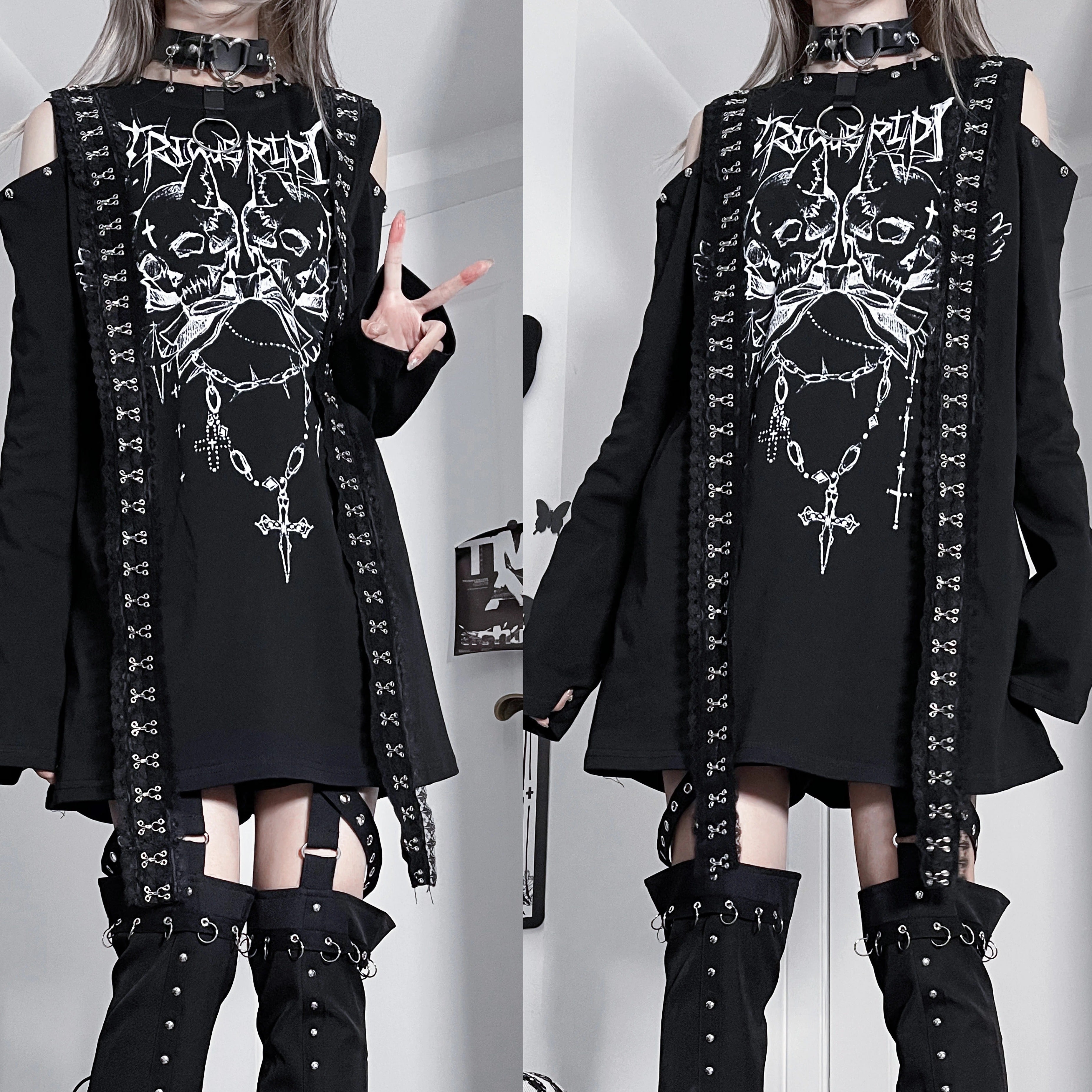 White jirai kei oversized cold-shoulder t-shirt with dual skull print and metal ring accents detail