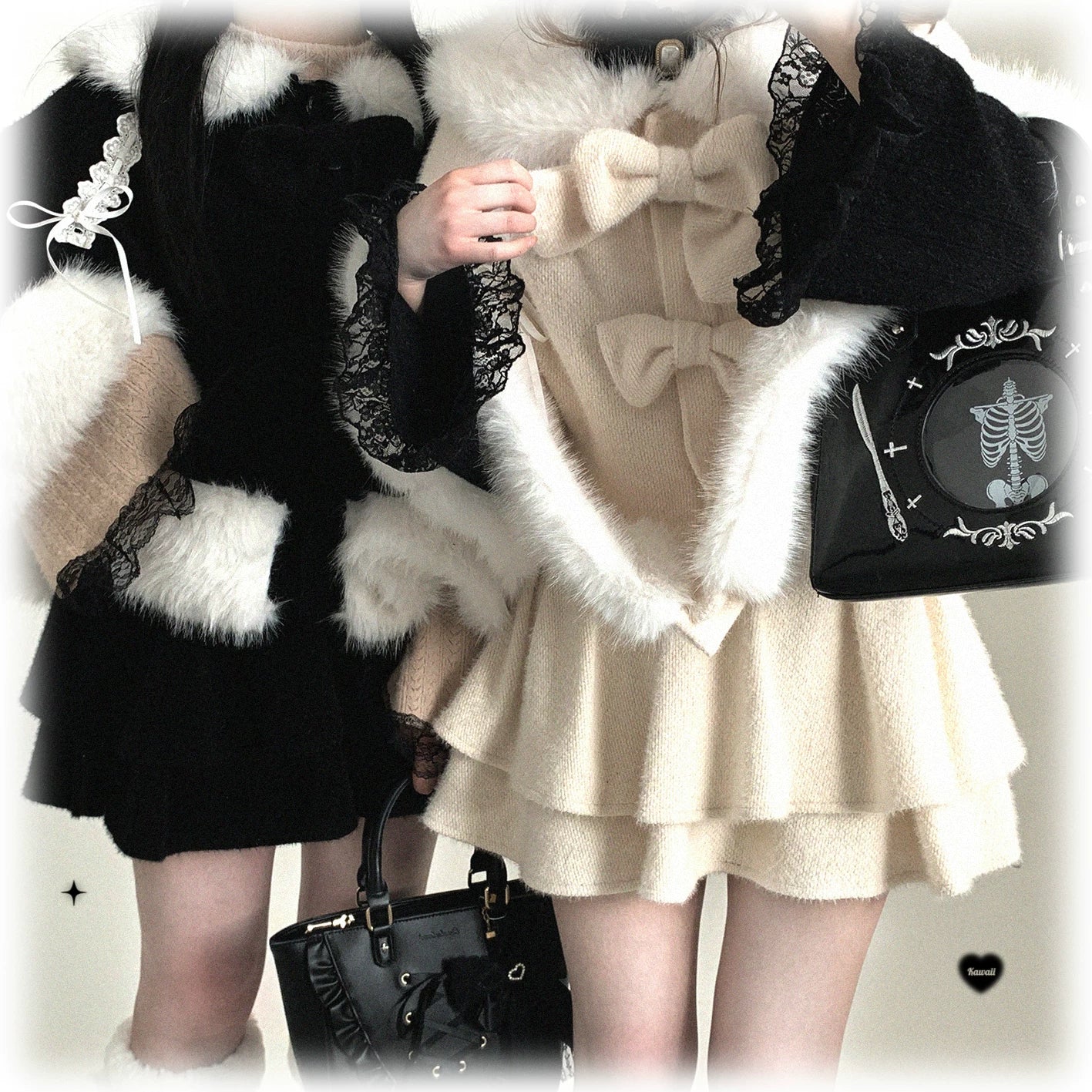 Jirai Kei bunny ear winter cape accessories coordination showing pairing with bags shoes and jewelry recommendations