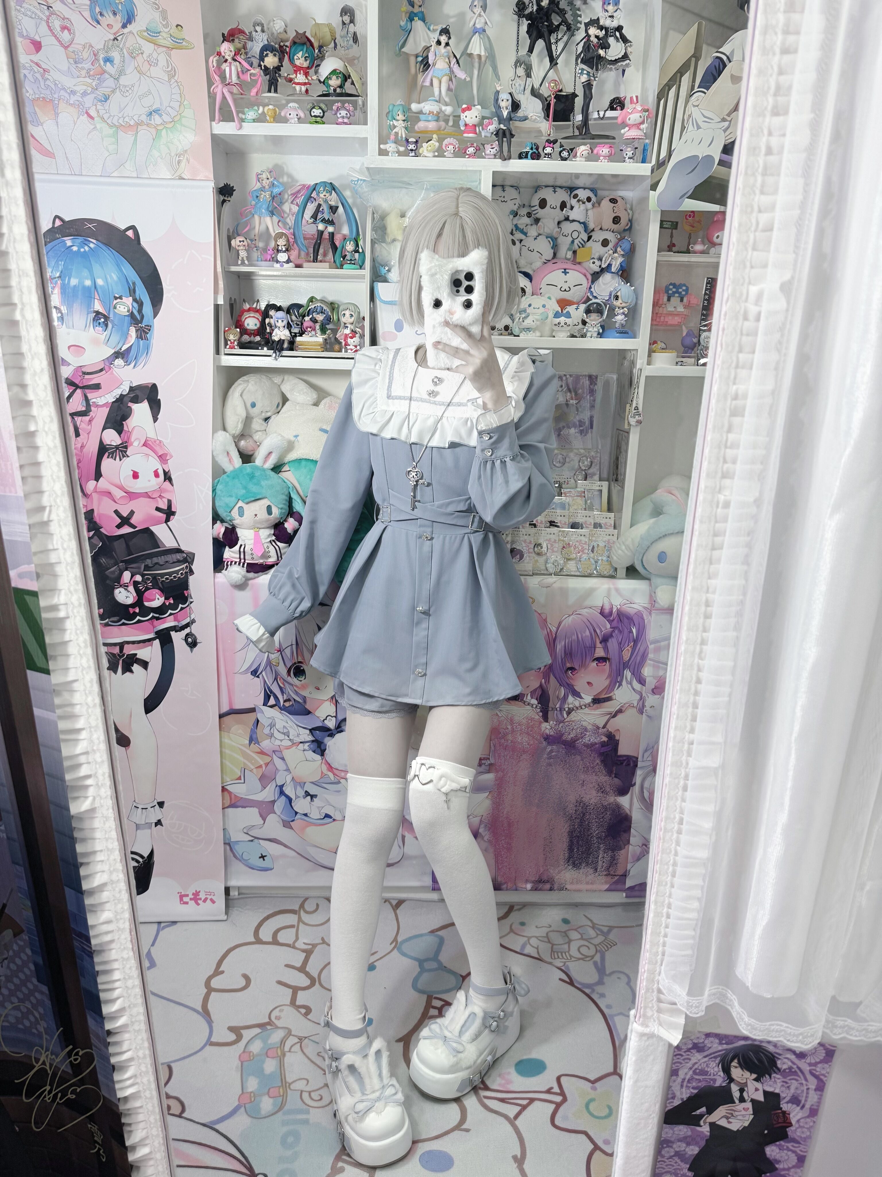 Blue white long sleeve Jirai Kei dress shorts set in stock featuring ruffled square collar adjustable belt lace trim