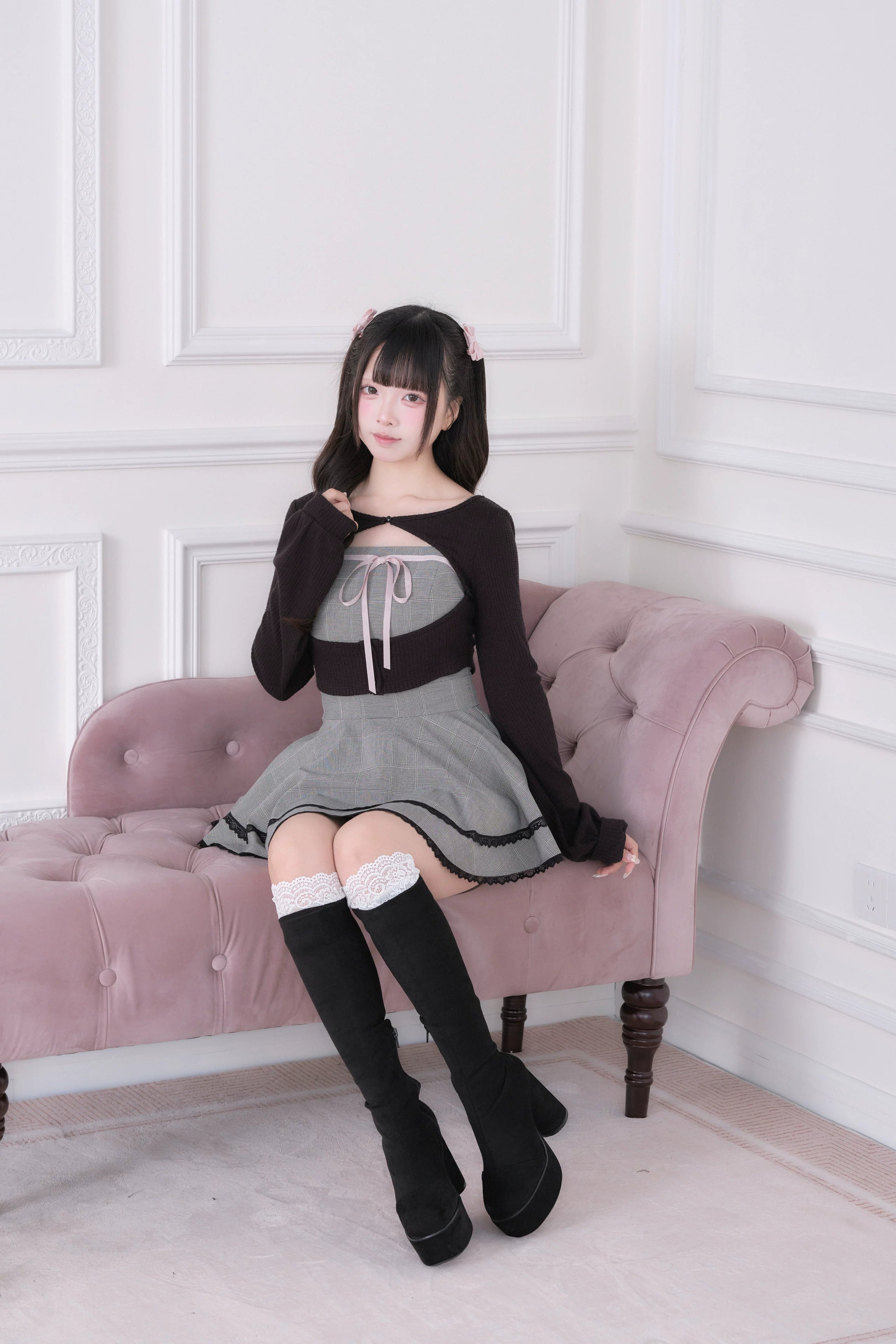 Ryousangata elastic shorts - soft waistband, coordinated design, grey plaid pattern, sweet lolita Jirai Kei styling