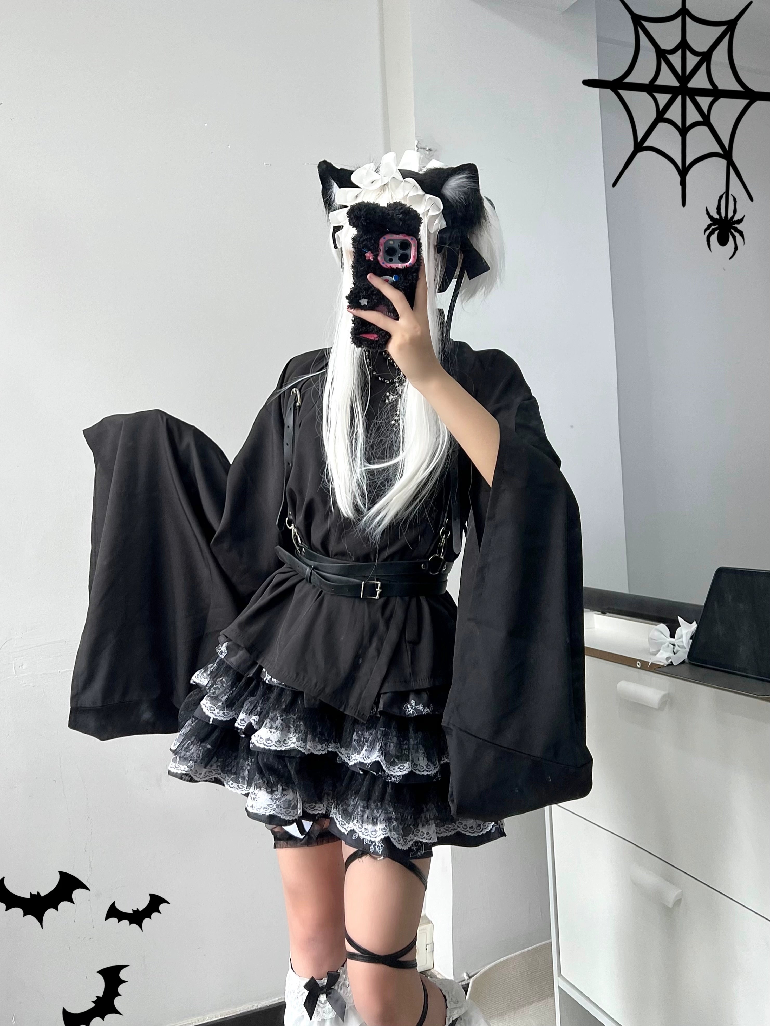 Jirai Kei puff skirt with accessory coordination cat ear hair clips leg garters studded bracelets complete aesthetic