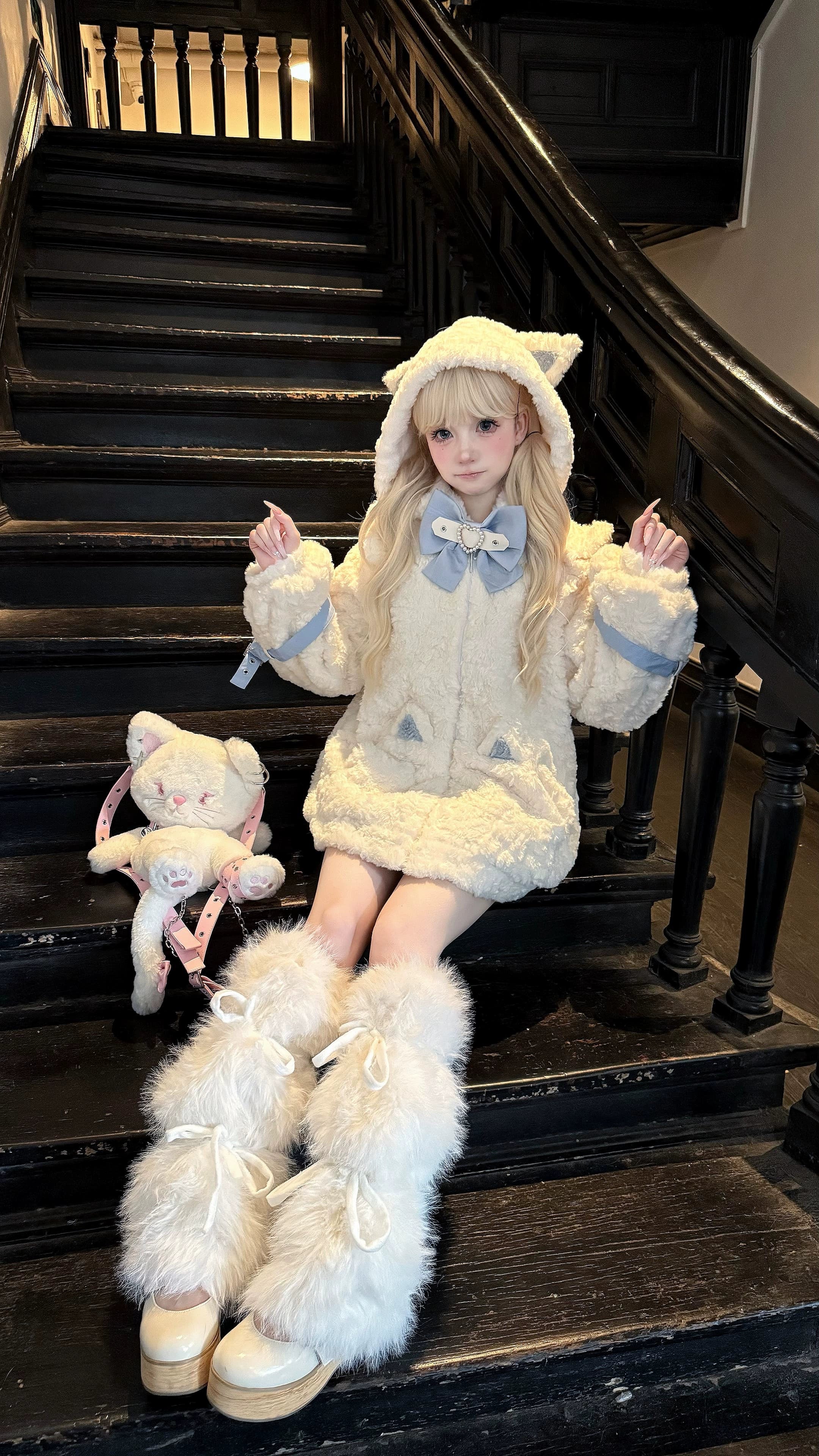 Jirai Kei cat ear hood fleece coat quality assurance detail, showing stitching precision, seam quality, and construction excellence