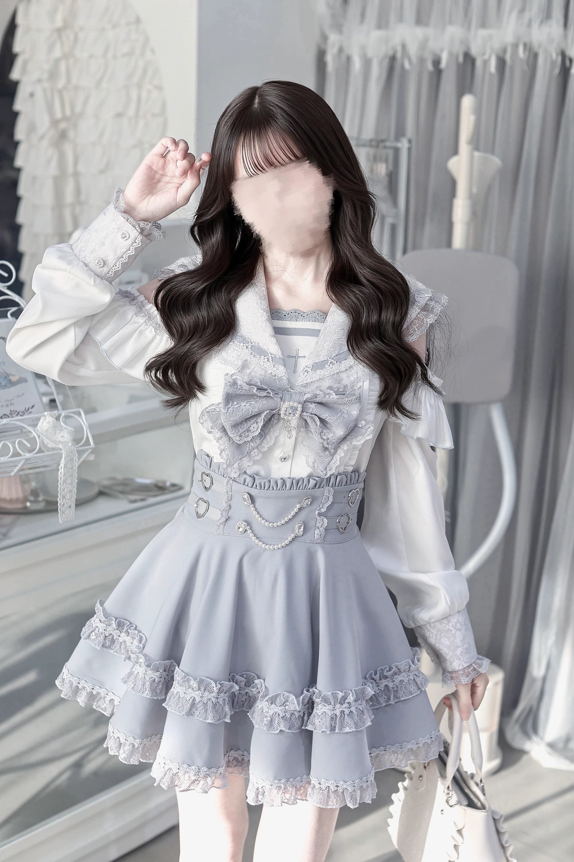 Ryousangata sailor collar jirai kei blouse and high-waist skirt set front three-quarter view showing light grey and white color scheme with lace sailor collar trim and ruffled skirt hem
