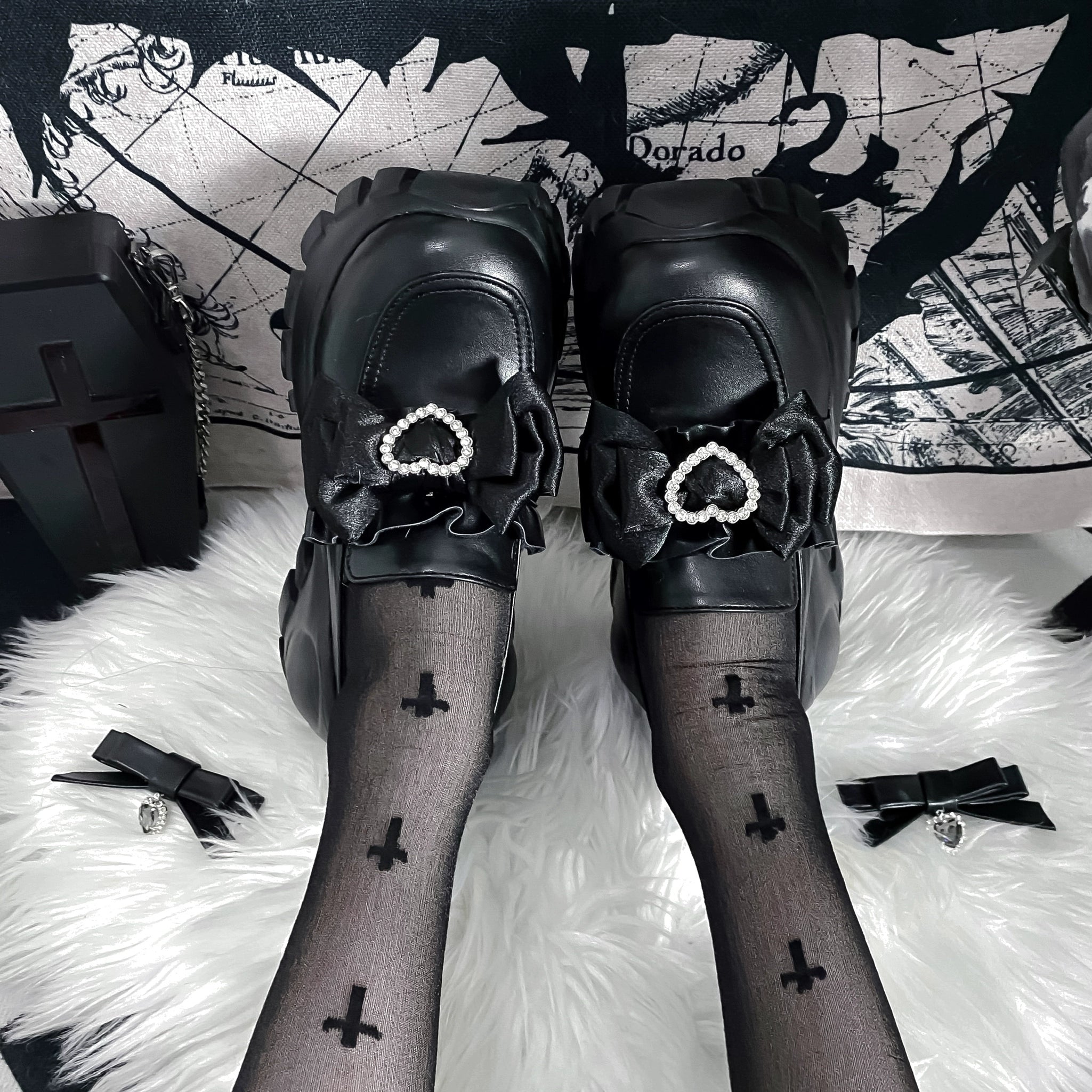 Style inspiration for Jirai Kei JK platform shoes worn with coordinated accessories including socks, hair bow, and fashion styling