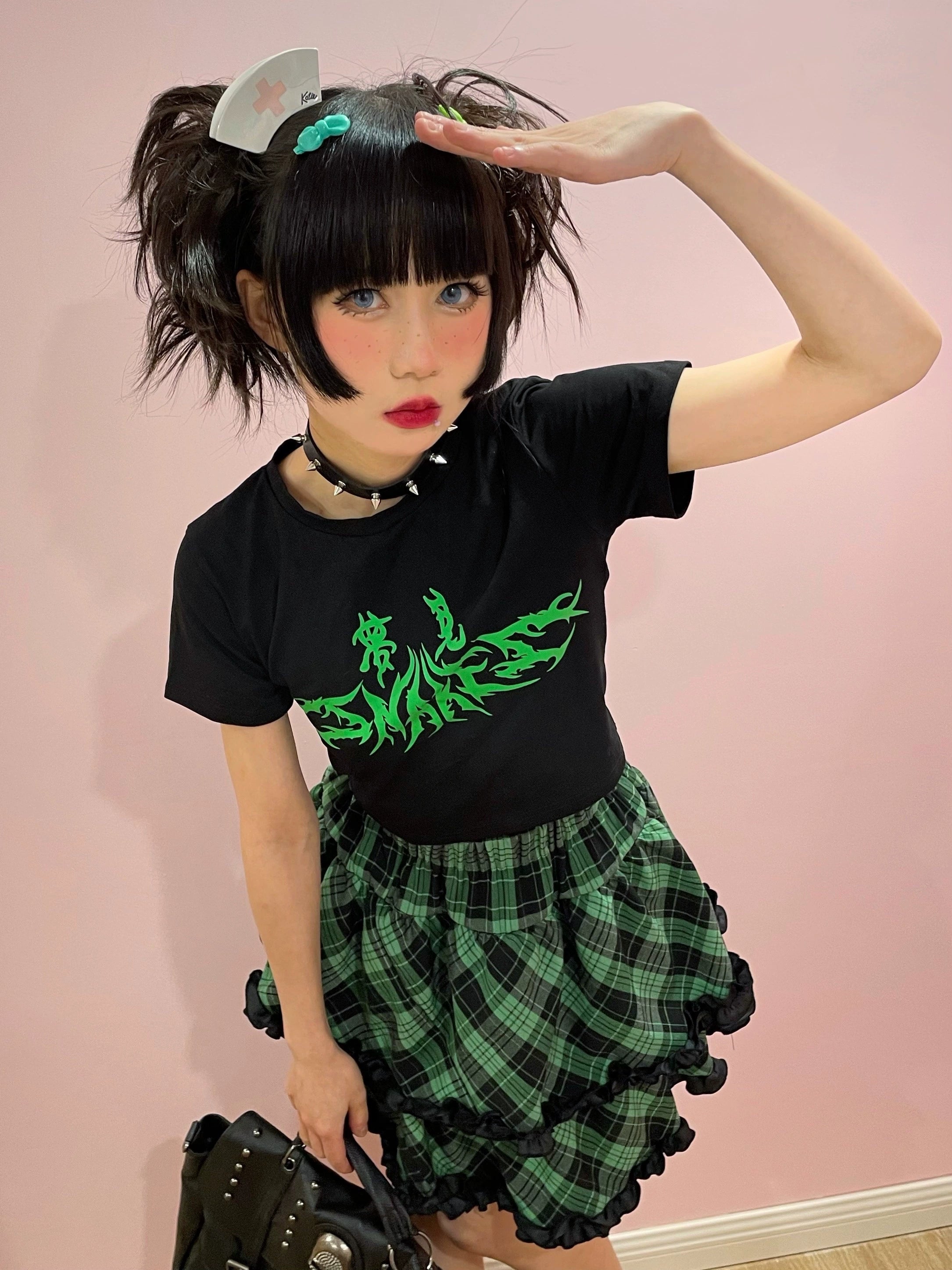 Jirai Kei plaid ruffle mini skirt platform boots and thigh-high sock styling inspiration, alternative goth fashion coordination