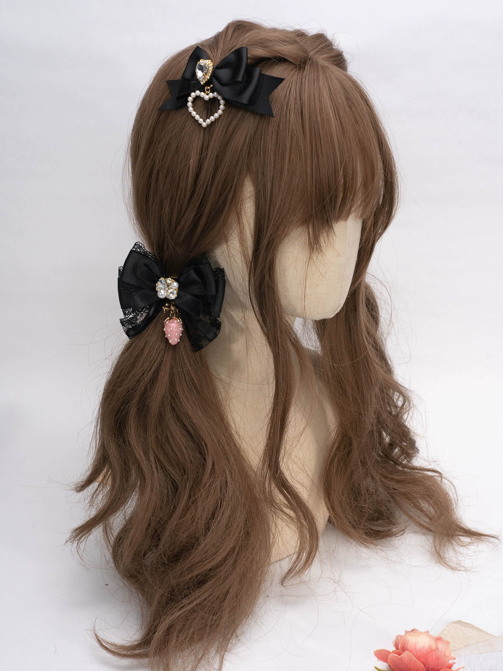 Pink strawberry Jirai Kei hairpin with delicate lace and rhinestone details kawaii subculture aesthetic