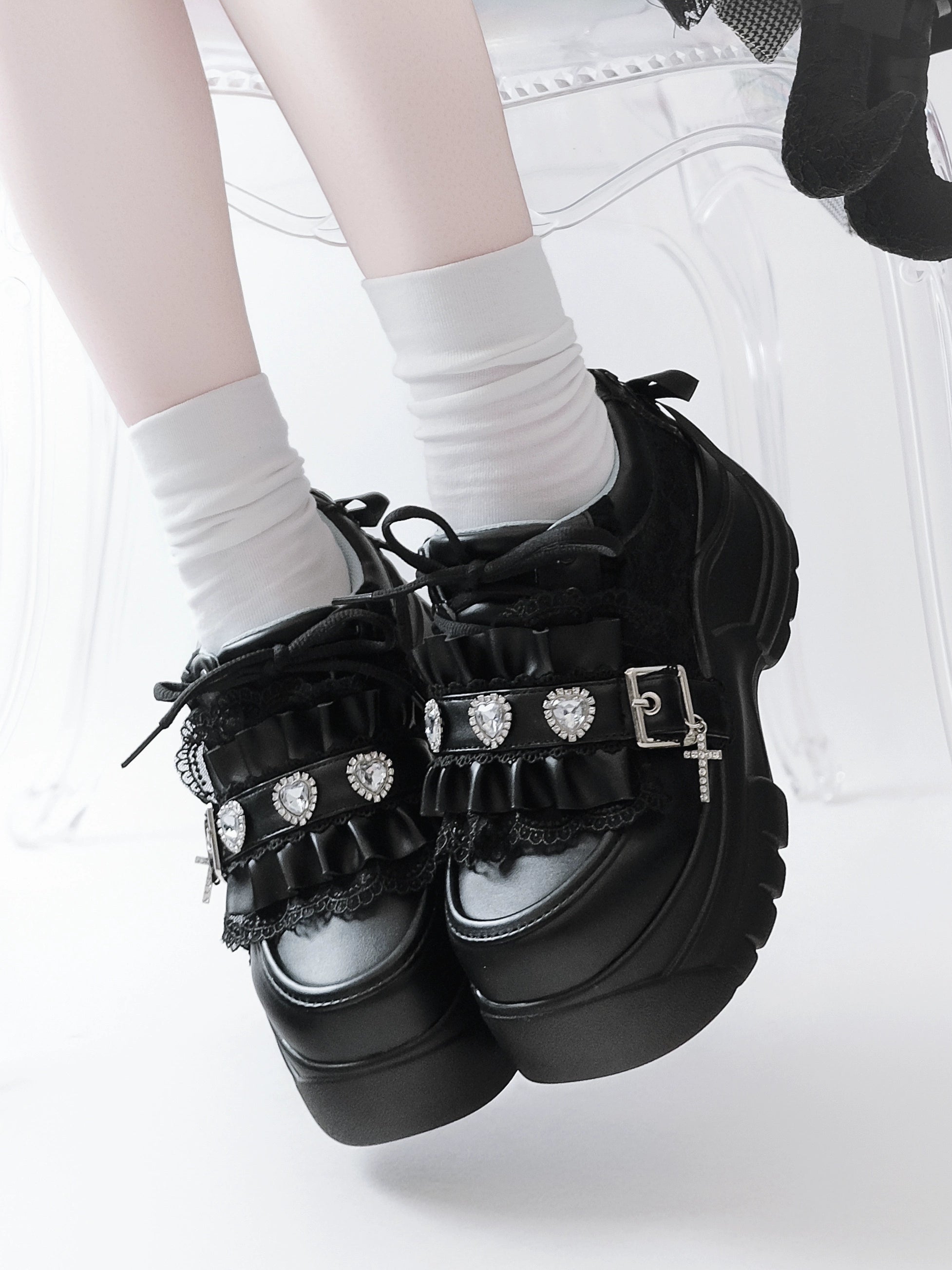 White jirai kei platform shoes with heart rhinestone buckle strap cross charm gothic lolita style subculture fashion