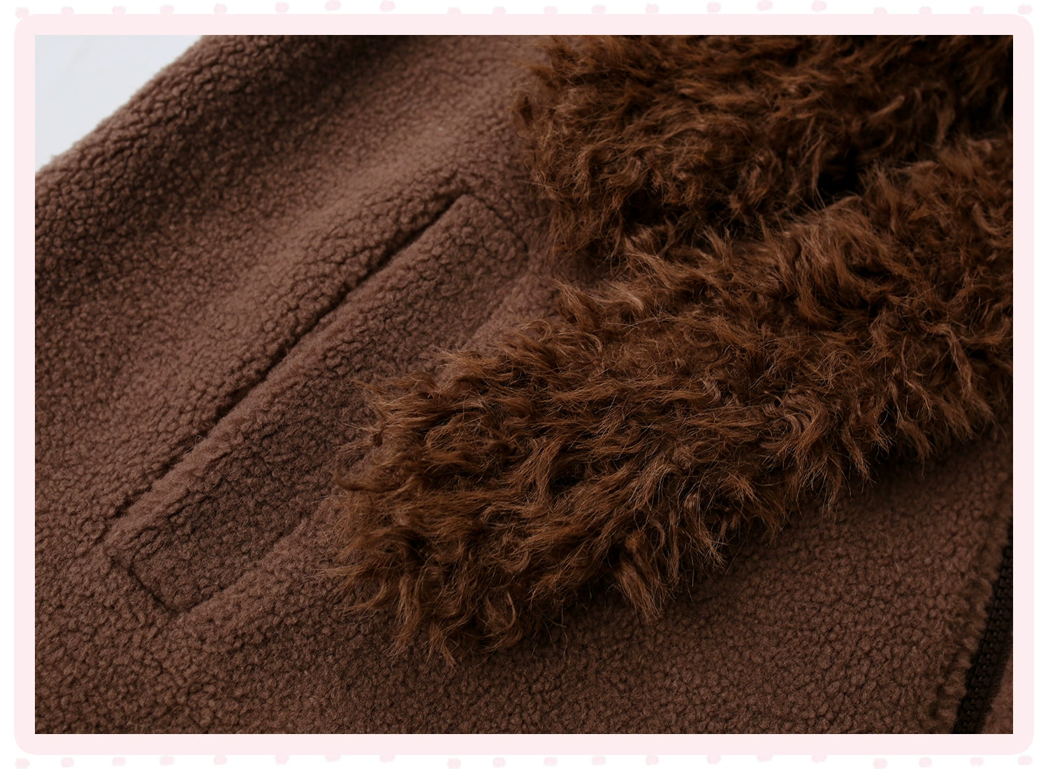 Side profile view of bear ear Jirai Kei fleece hoodie jacket showing practical side pocket placement, fleece texture, and cute bear ears hood silhouette from the side