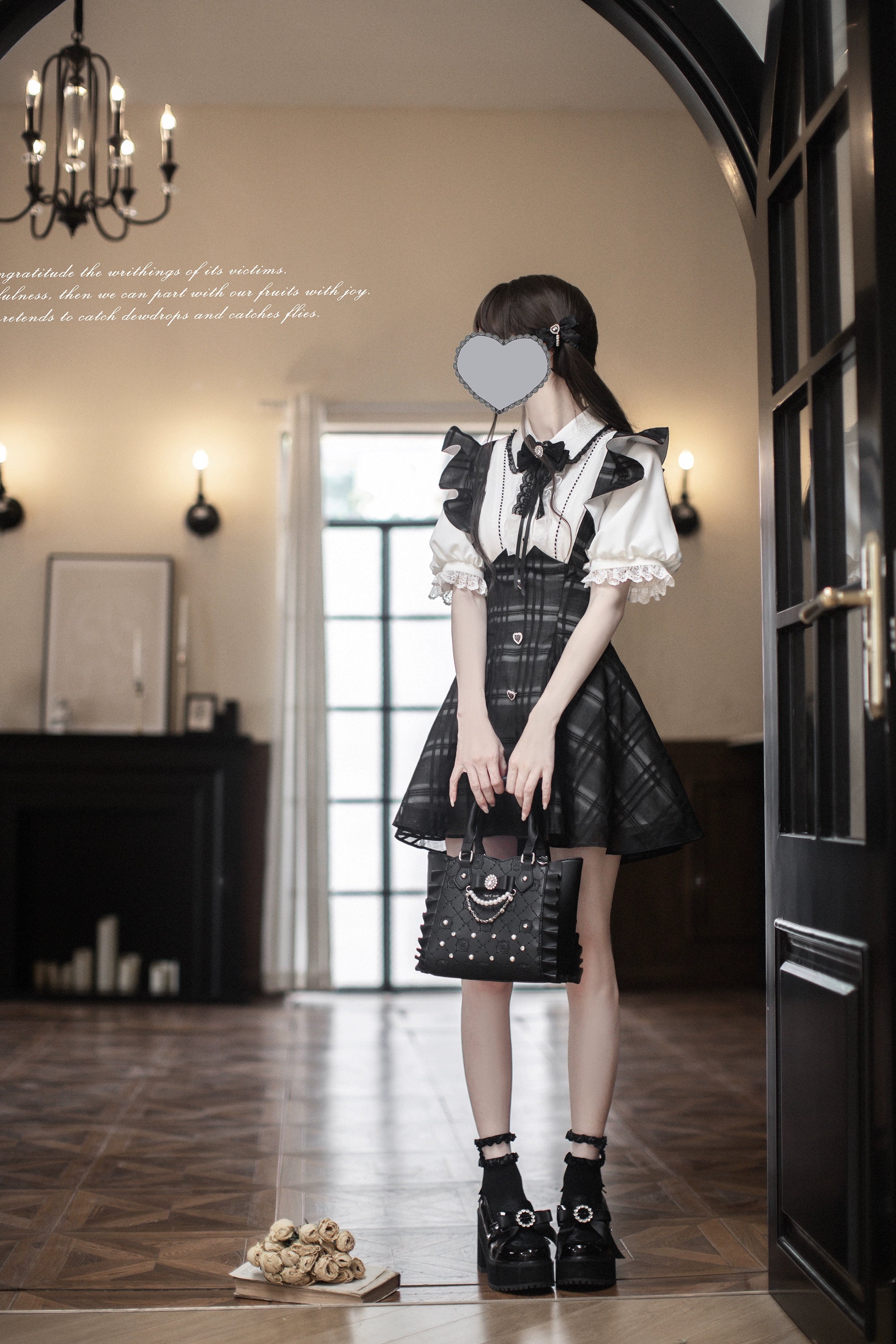 Black Plaid Jirai Kei Suspender Skirt, White Blouse - Image 14