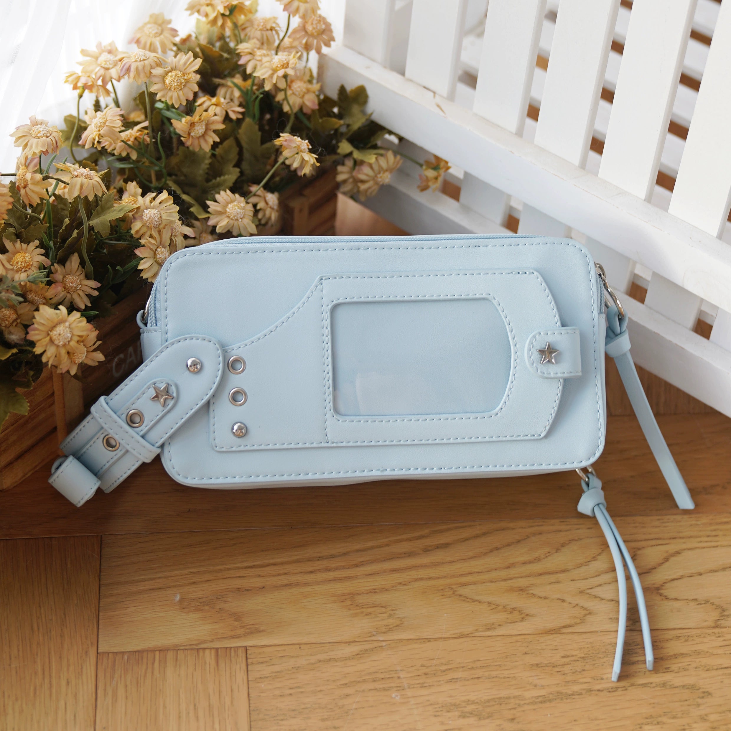Blue jirai kei brick itabag crossbody bag vibrant color option with rivet details and anime window display