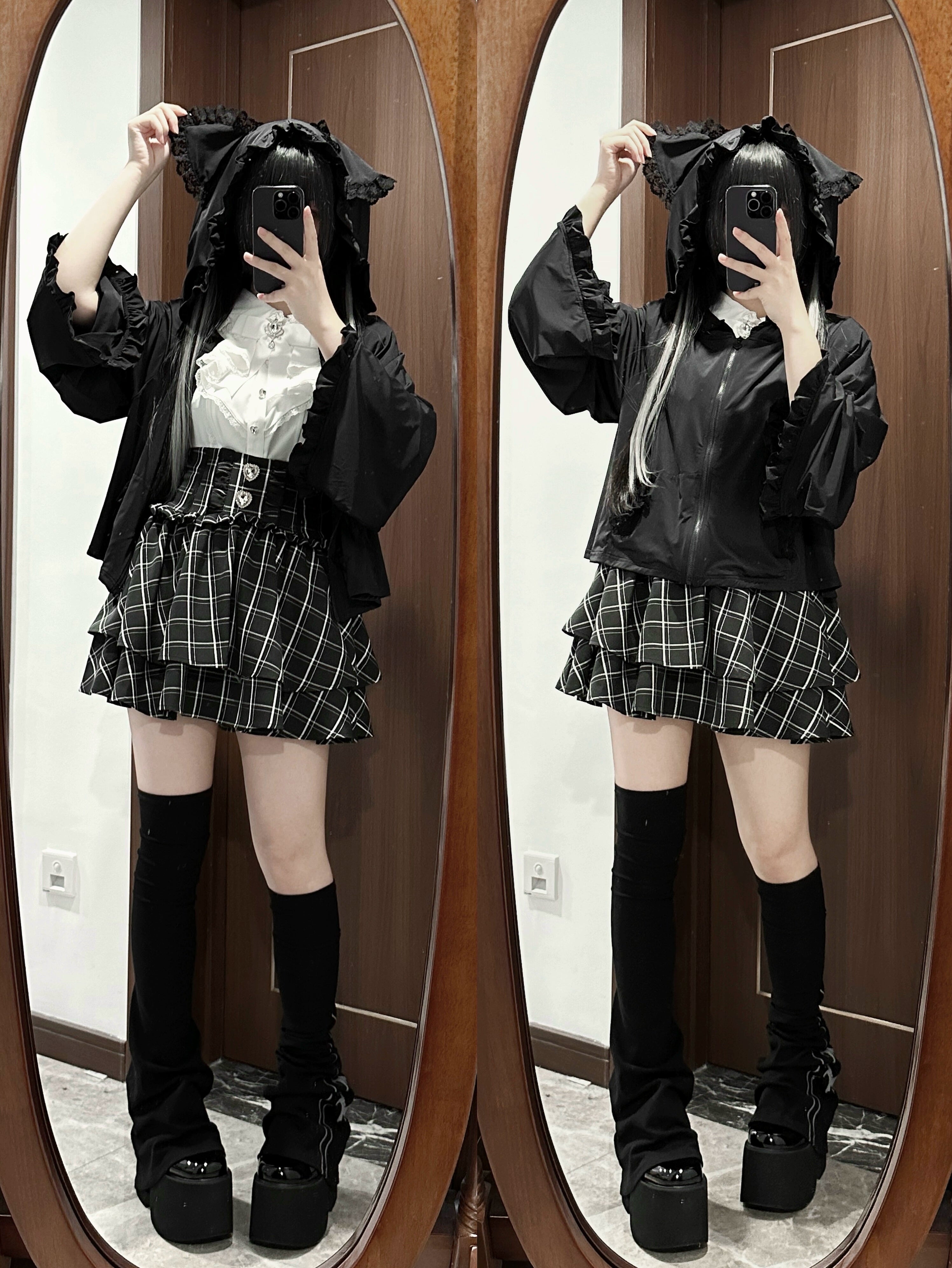 Black cat ear hooded jacket with ruffled details and plaid skirt coordination, model adjusting cat ear hood in dual mirror selfies from different angles