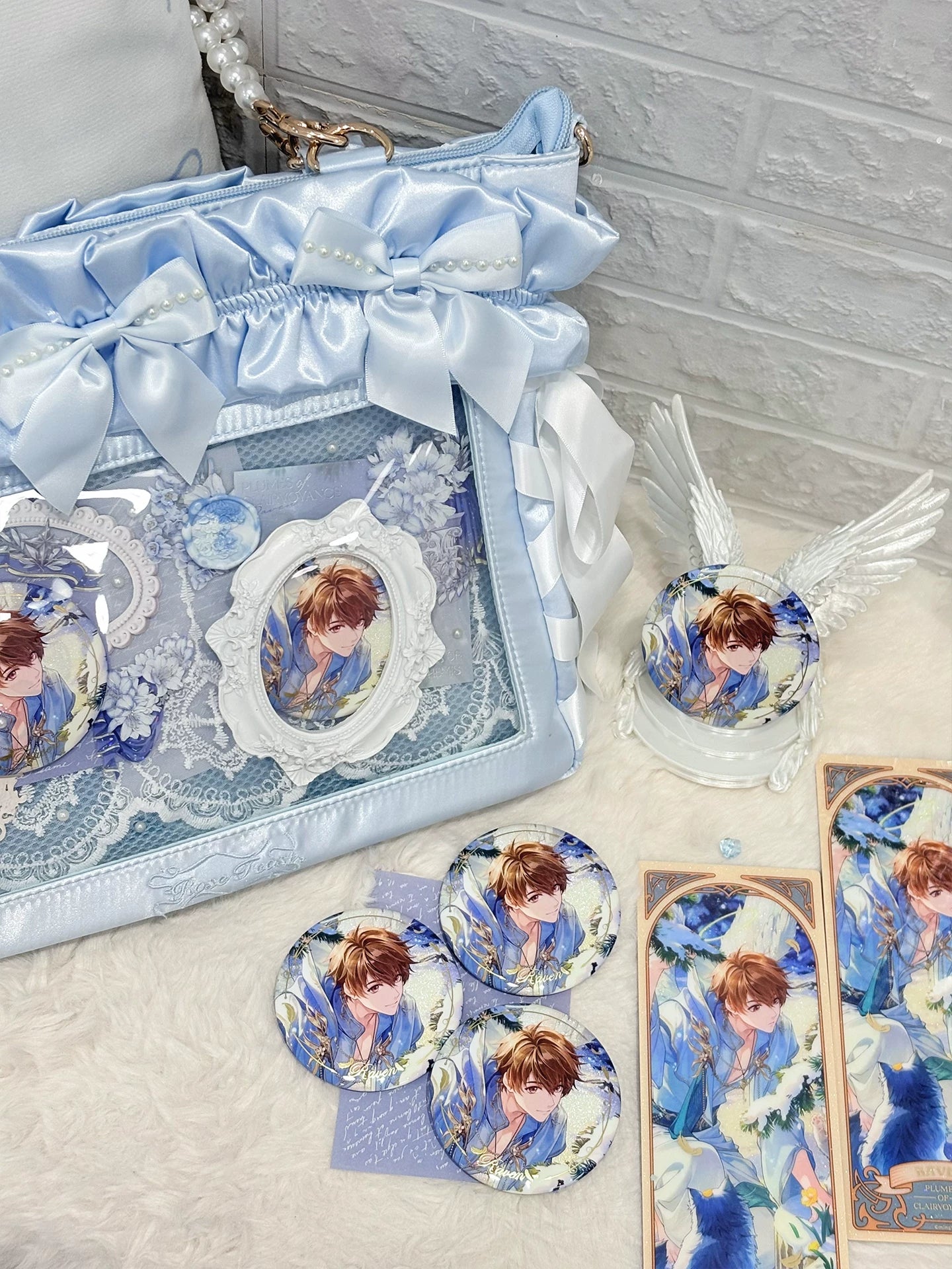 Jirai Kei itabag black color variant detailed front view showing clear window with character collectibles and bow trim design