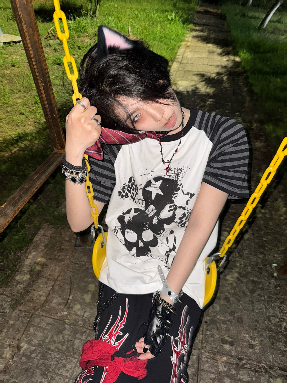 Jirai Kei gothic skull raglan t-shirt hanging display product photography full length view