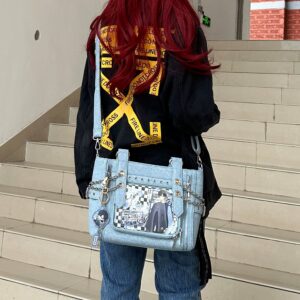 Girl wearing light blue denim Jirai Kei ita crossbody bag outdoors with anime badges on display window back view