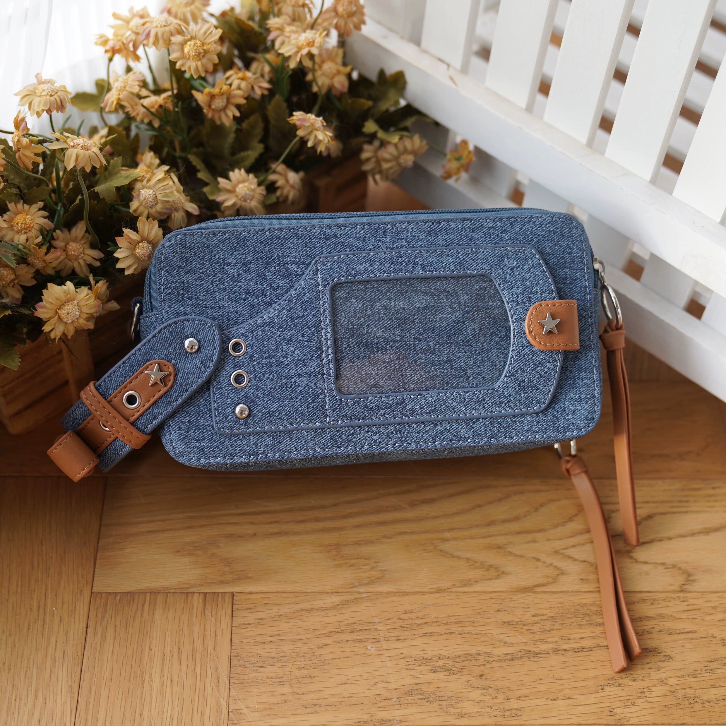 Dark jean blue jirai kei brick itabag crossbody detailed view showing color depth and rivet embellishment